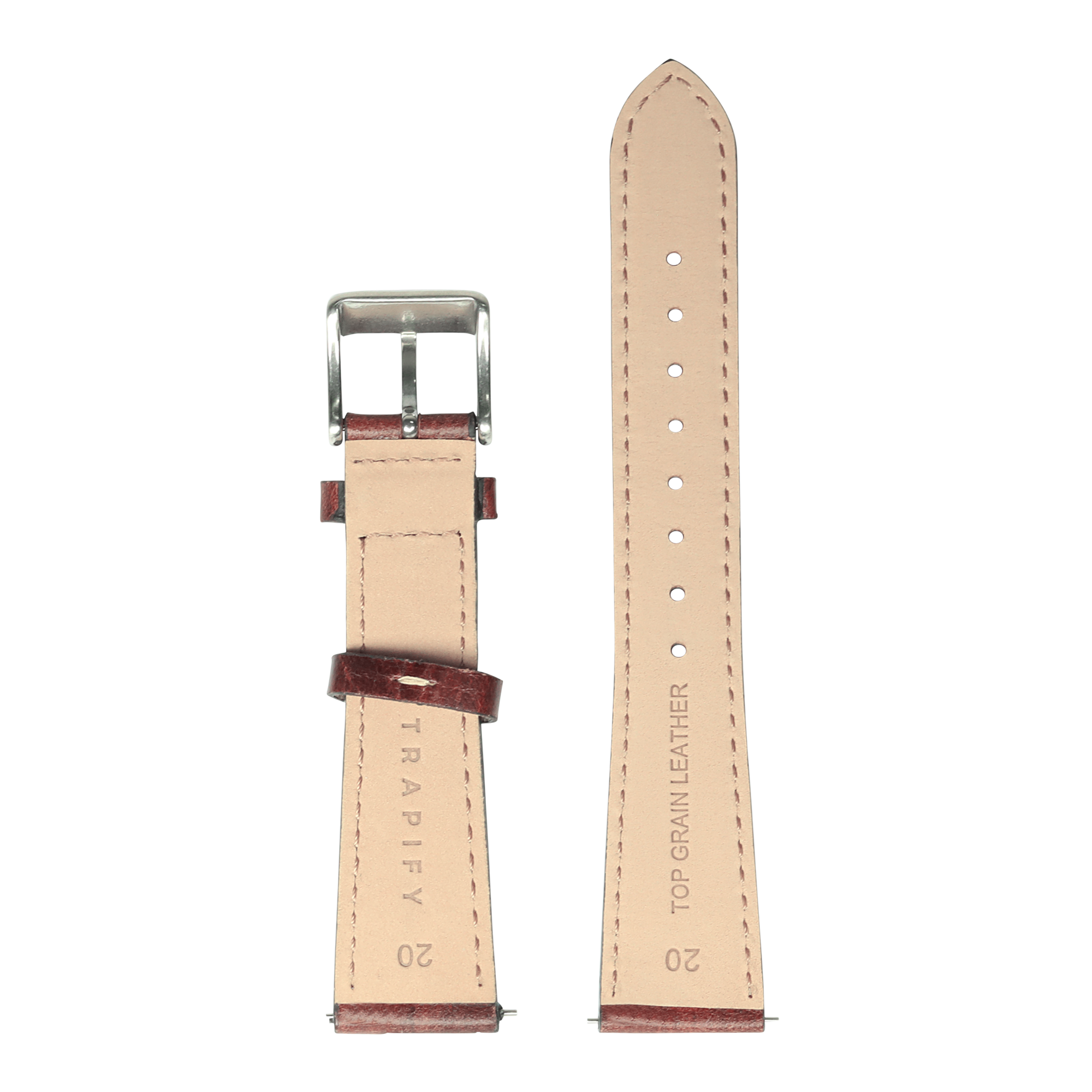 Vintage leather quick release watch band in smoked dark brown with contrast stitching and silver buckle, 20mm
