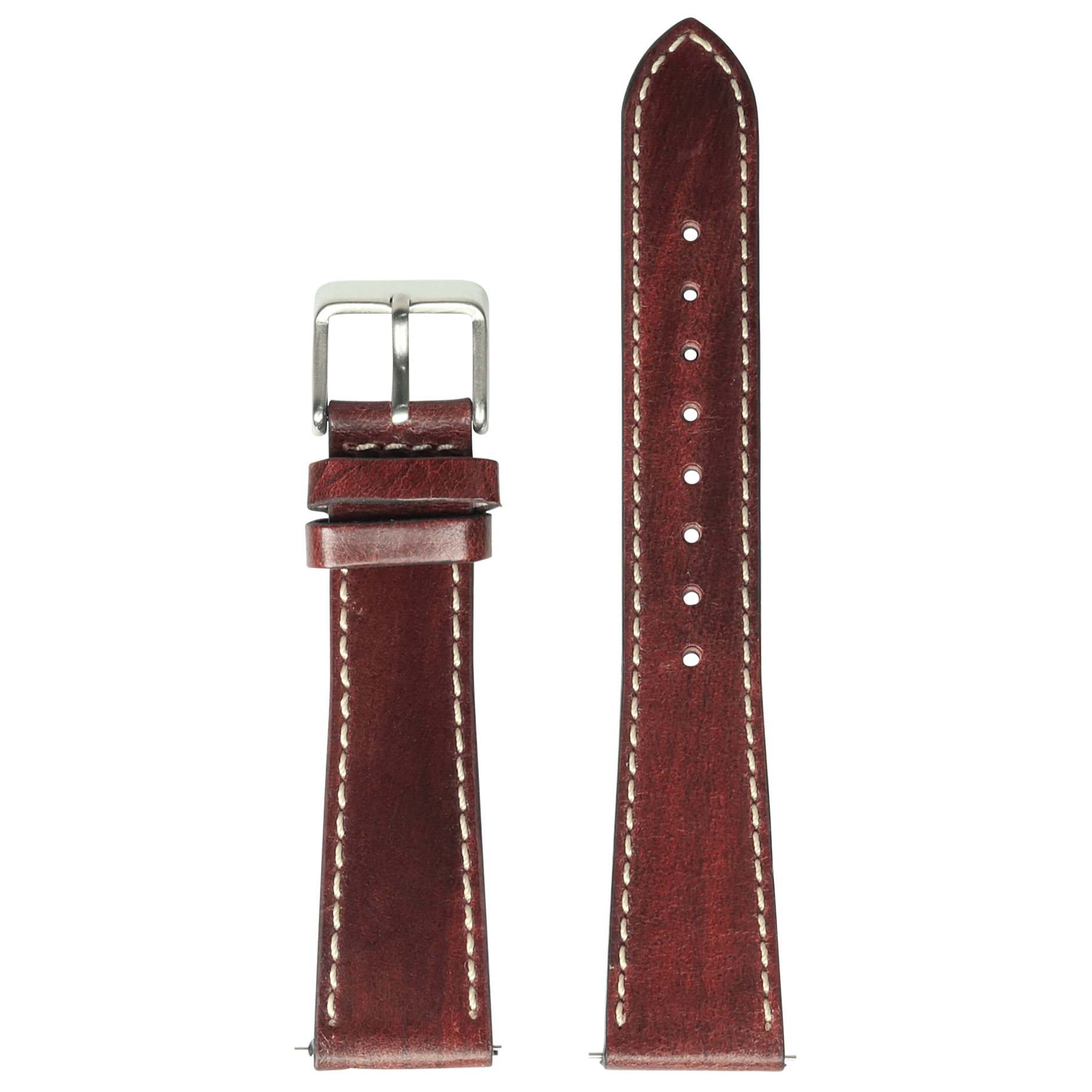 Vintage smoked dark brown leather Apple Watch band with contrast white stitching and brushed metal buckle