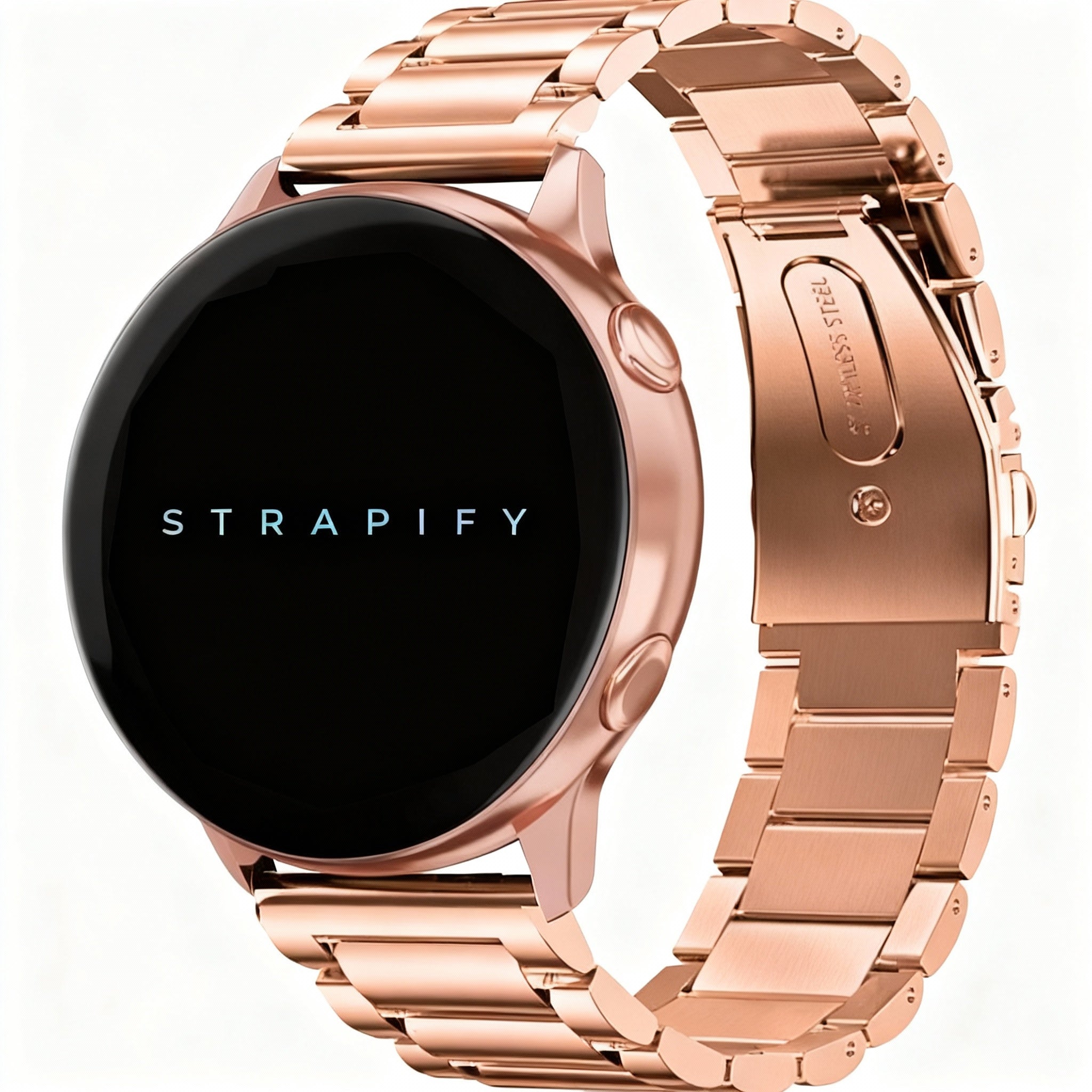 Rose gold stainless steel smartwatch bracelet with quick release deployant clasp and segmented links