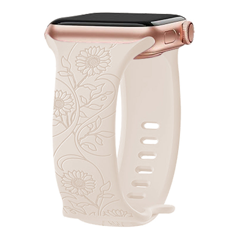 Cream floral silicone Apple Watch band with rose gold aluminum case and black sport loop