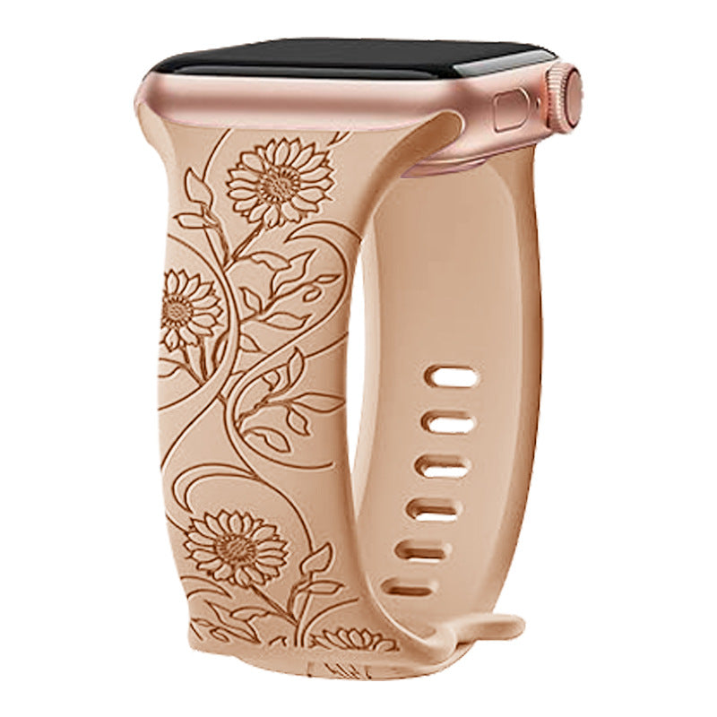 Rose gold floral silicone Apple Watch band with engraved sunflower and leaf design