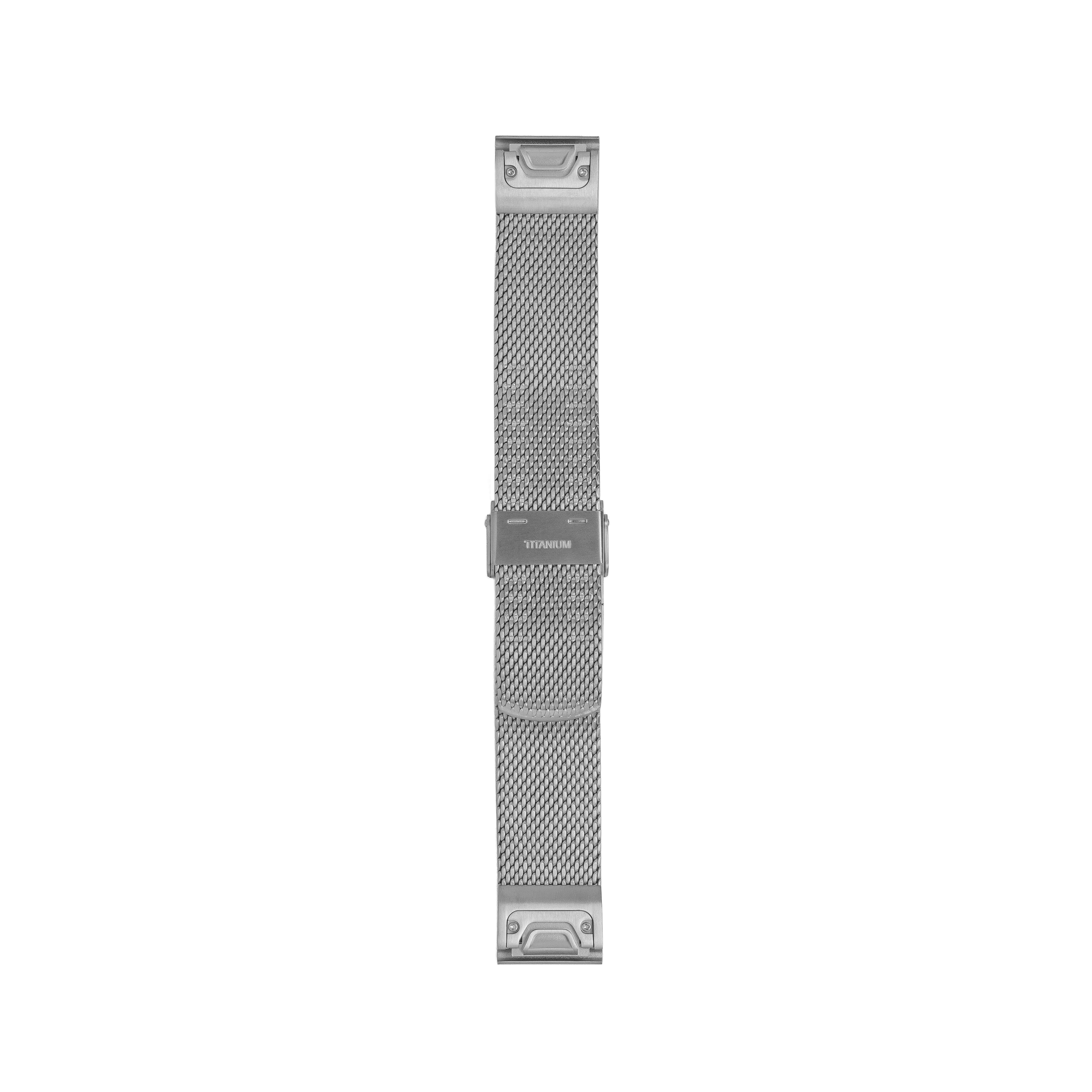 Silver titanium mesh watch band with quick-fit connectors and milanese weave design