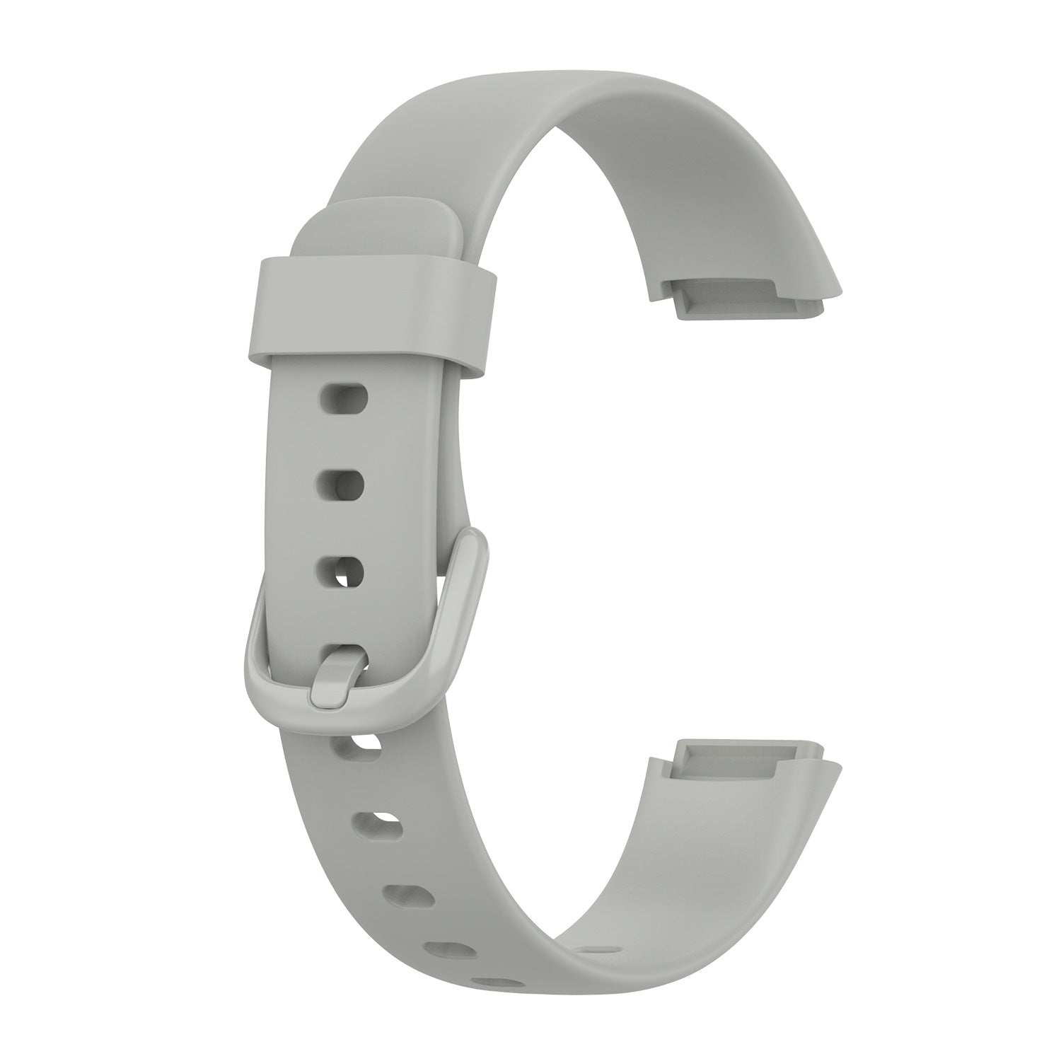 Gray silicone watch band with buckle closure and adjustment holes for Fitbit Luxe fitness tracker