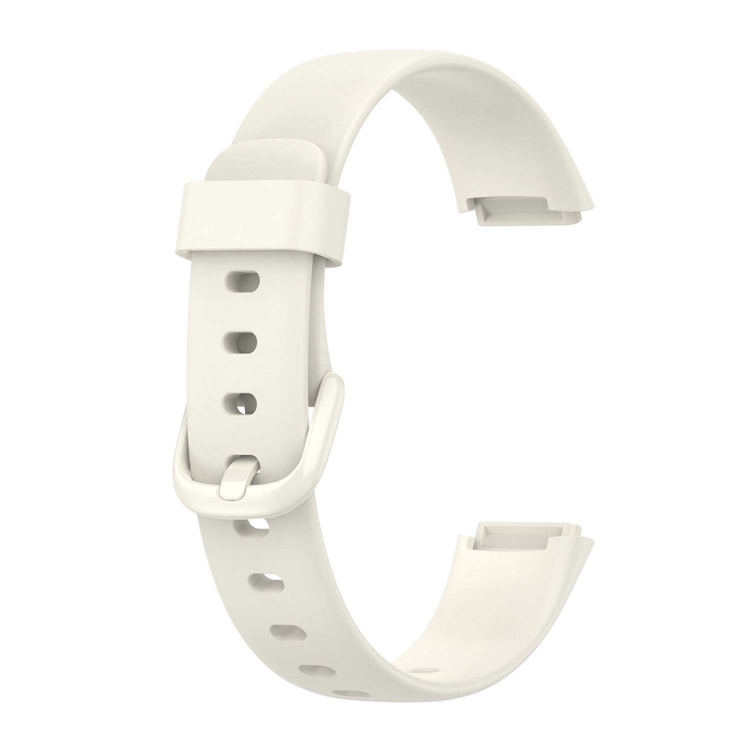 White silicone replacement watch band for Fitbit Luxe with adjustable buckle closure and breathable ventilation holes