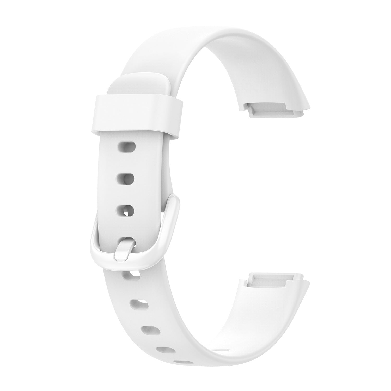 White silicone watch band with adjustable buckle closure and ventilation holes for Fitbit Luxe