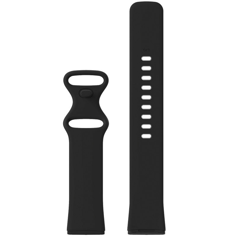 Black silicone sport band and strap for Fitbit Versa 3, Versa 4, Sense 1, and Sense 2 smartwatch with ventilation holes