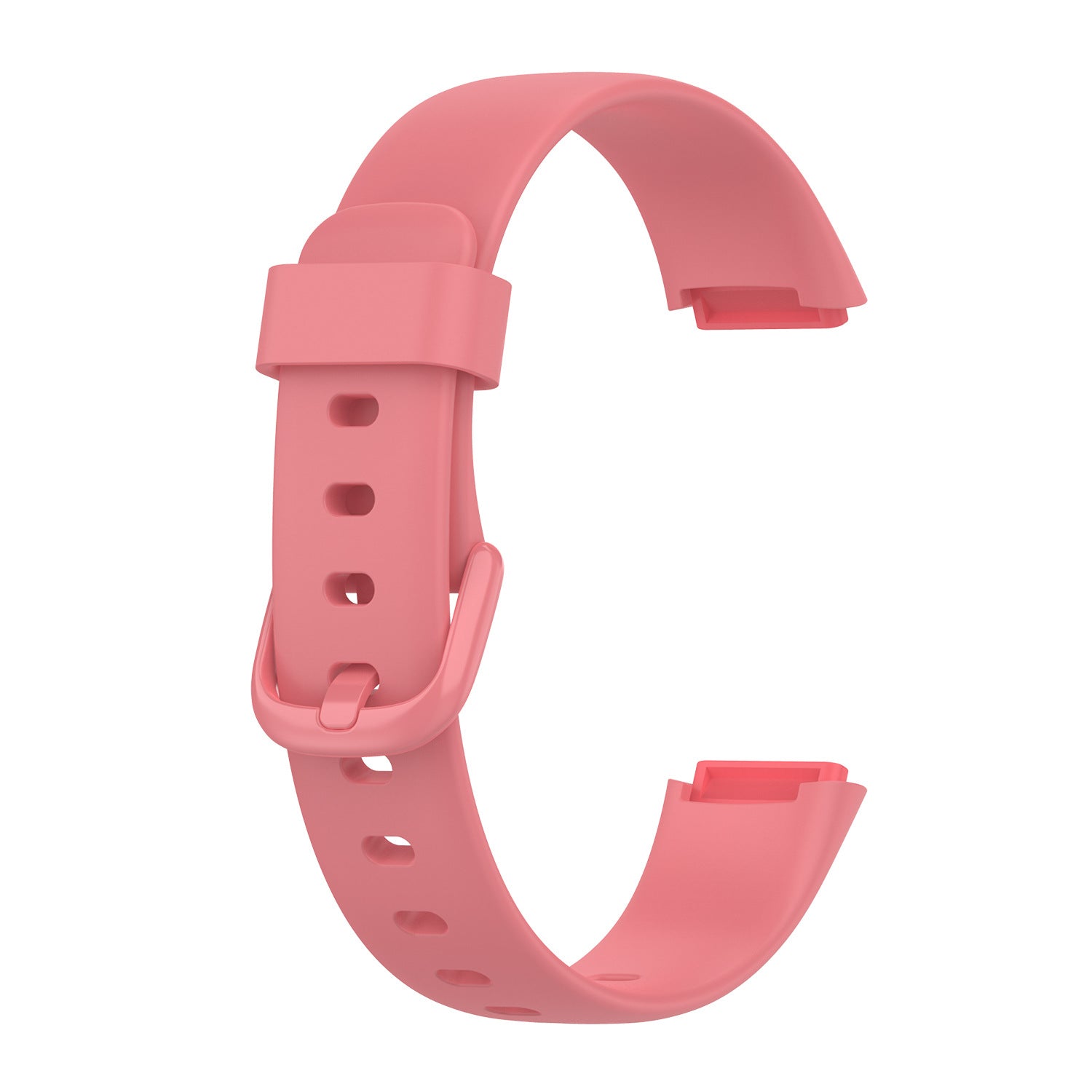 Pink silicone smartwatch band with adjustable buckle closure and perforated holes for Fitbit Luxe fitness tracker