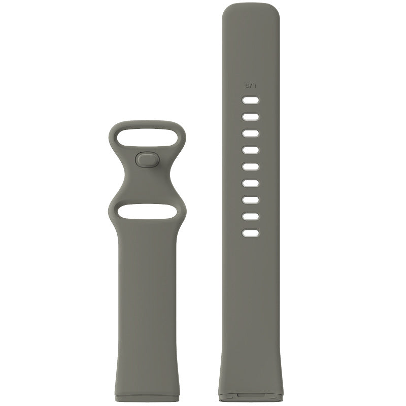 Gray silicone watch band with perforated vent holes and matching connector piece for Fitbit Versa 3, 4 and Sense smartwatches