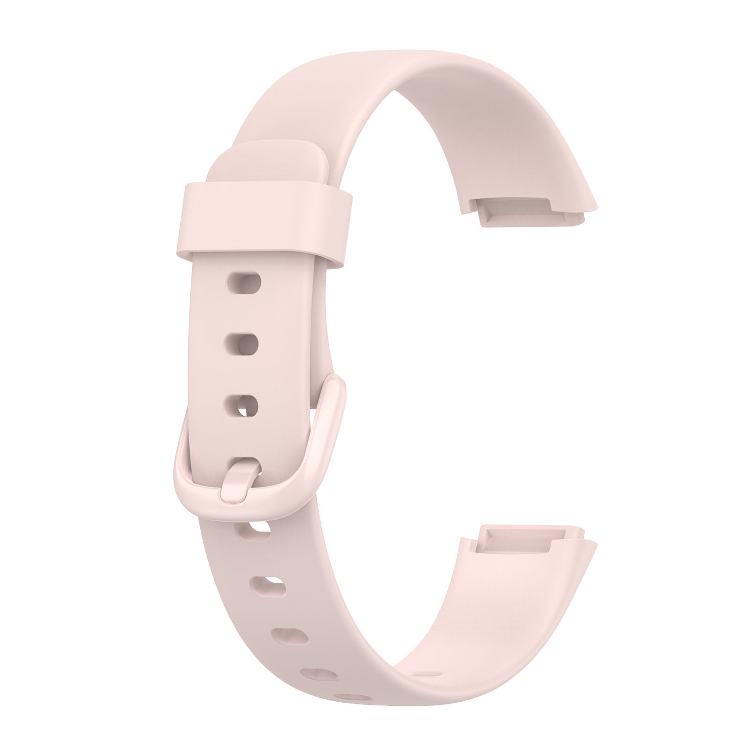 Pale pink silicone replacement watch band with adjustable buckle closure and multiple size holes for Fitbit Luxe fitness tracker