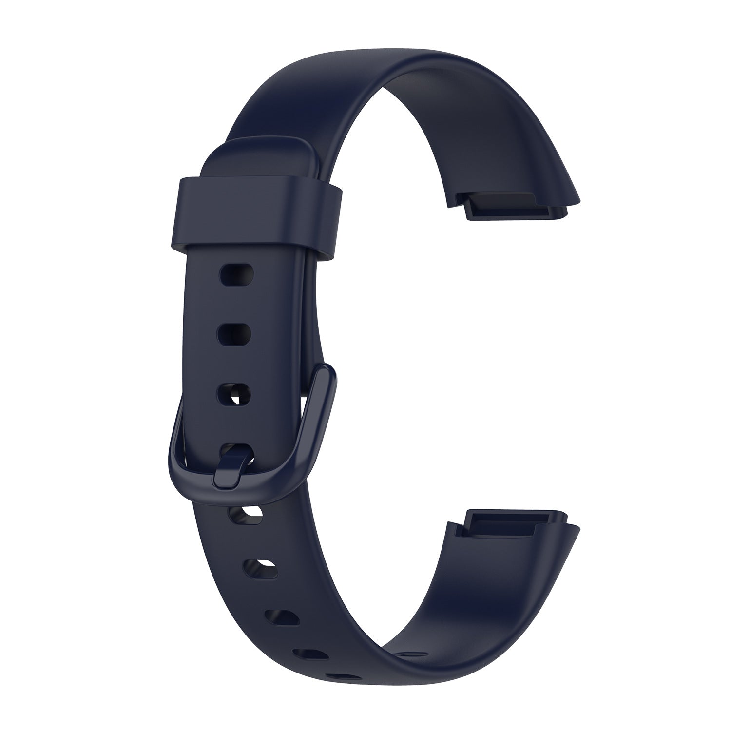 Navy blue silicone fitness tracker band with adjustable buckle closure and ventilation holes for Fitbit Luxe