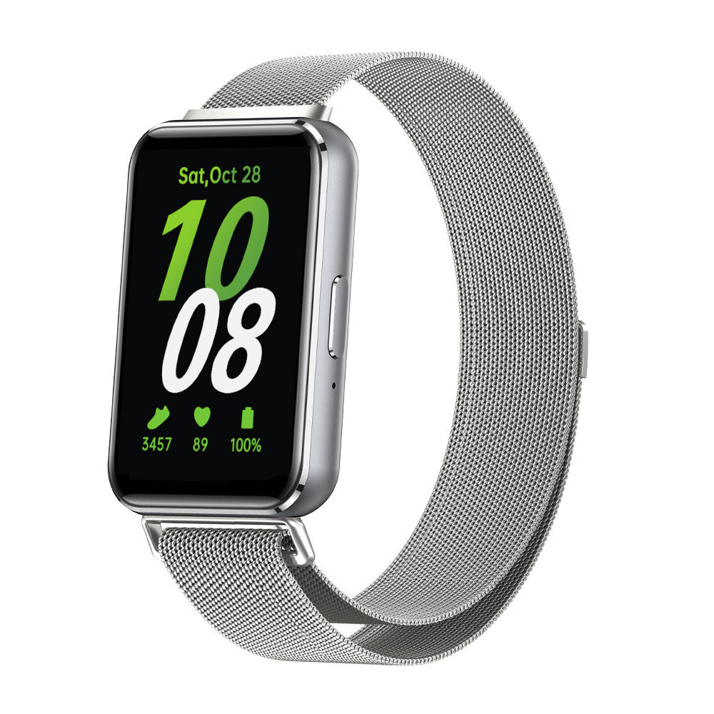 Silver stainless steel smartwatch with Milanese mesh band showing fitness tracking display with steps, heart rate and battery percentage
