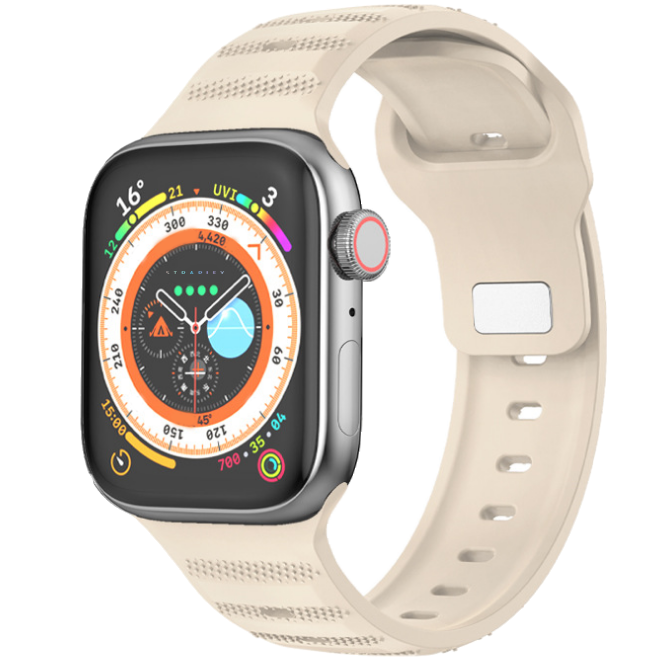 Beige ridged silicone sports watch band with stainless steel smartwatch displaying colorful chronograph dial and health metrics
