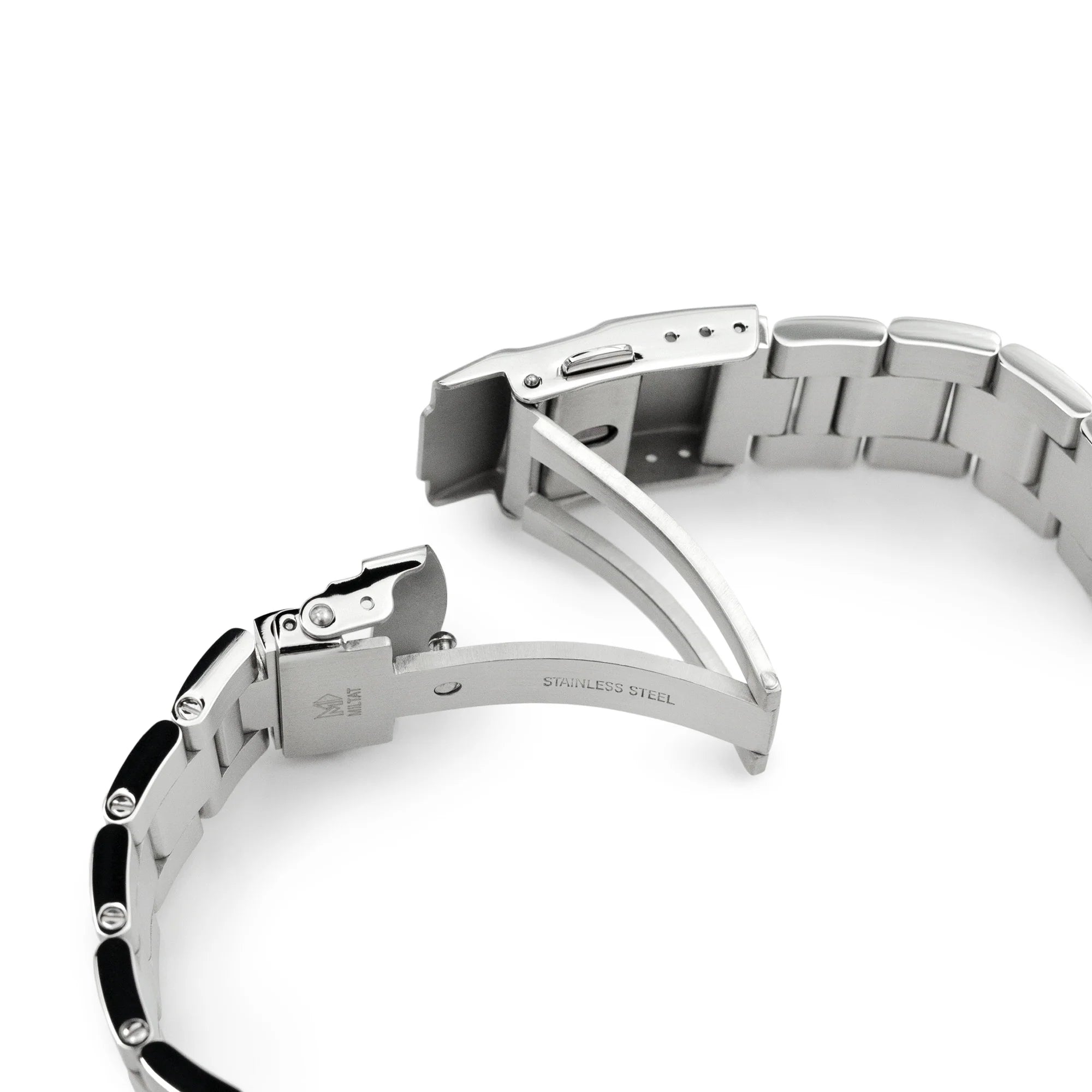 Stainless steel watch band with straight end lugs, brushed finish, fold-over deployment clasp, and black rubber accents on link