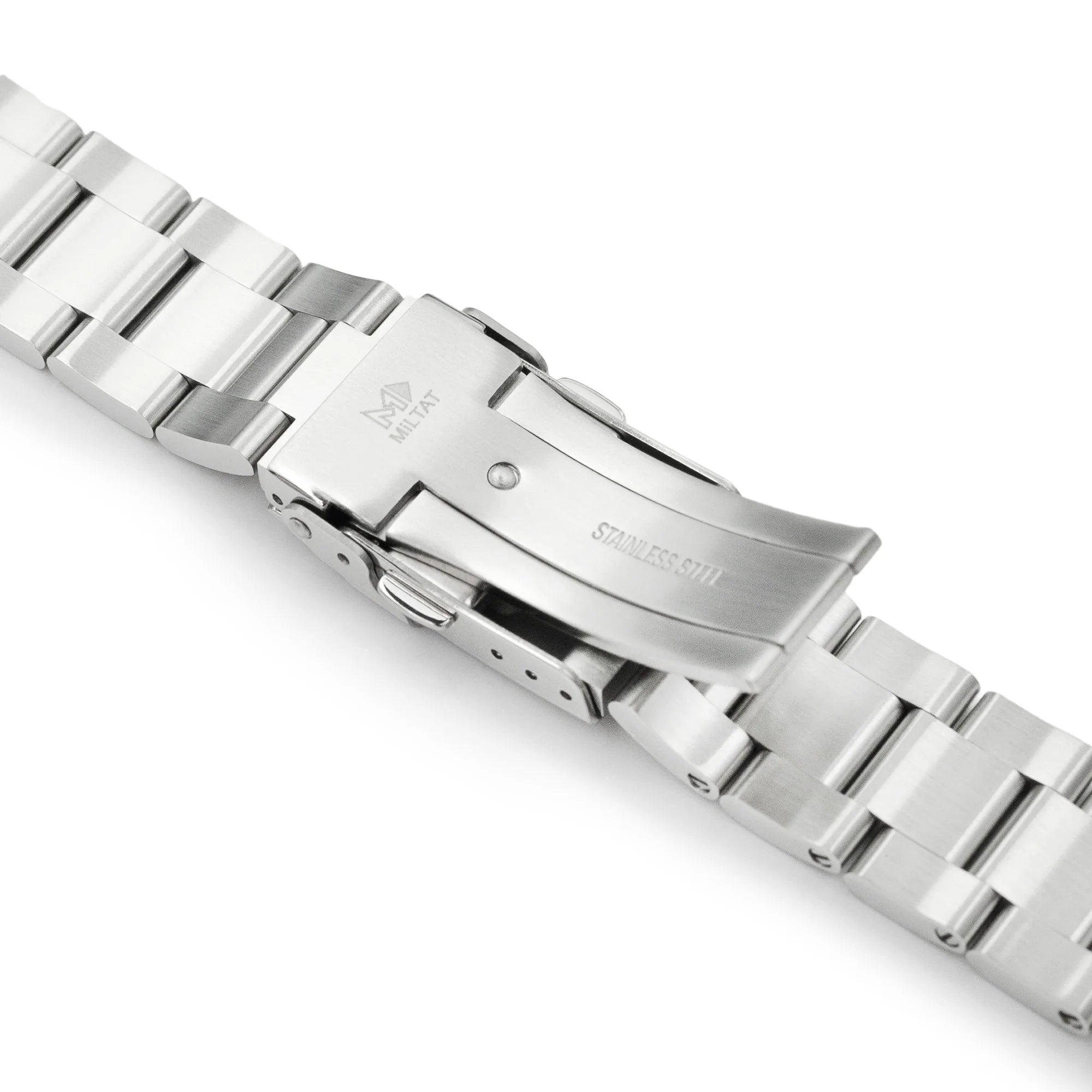 Stainless steel watch band with brushed finish, straight end lug, secure push-button clasp and link design