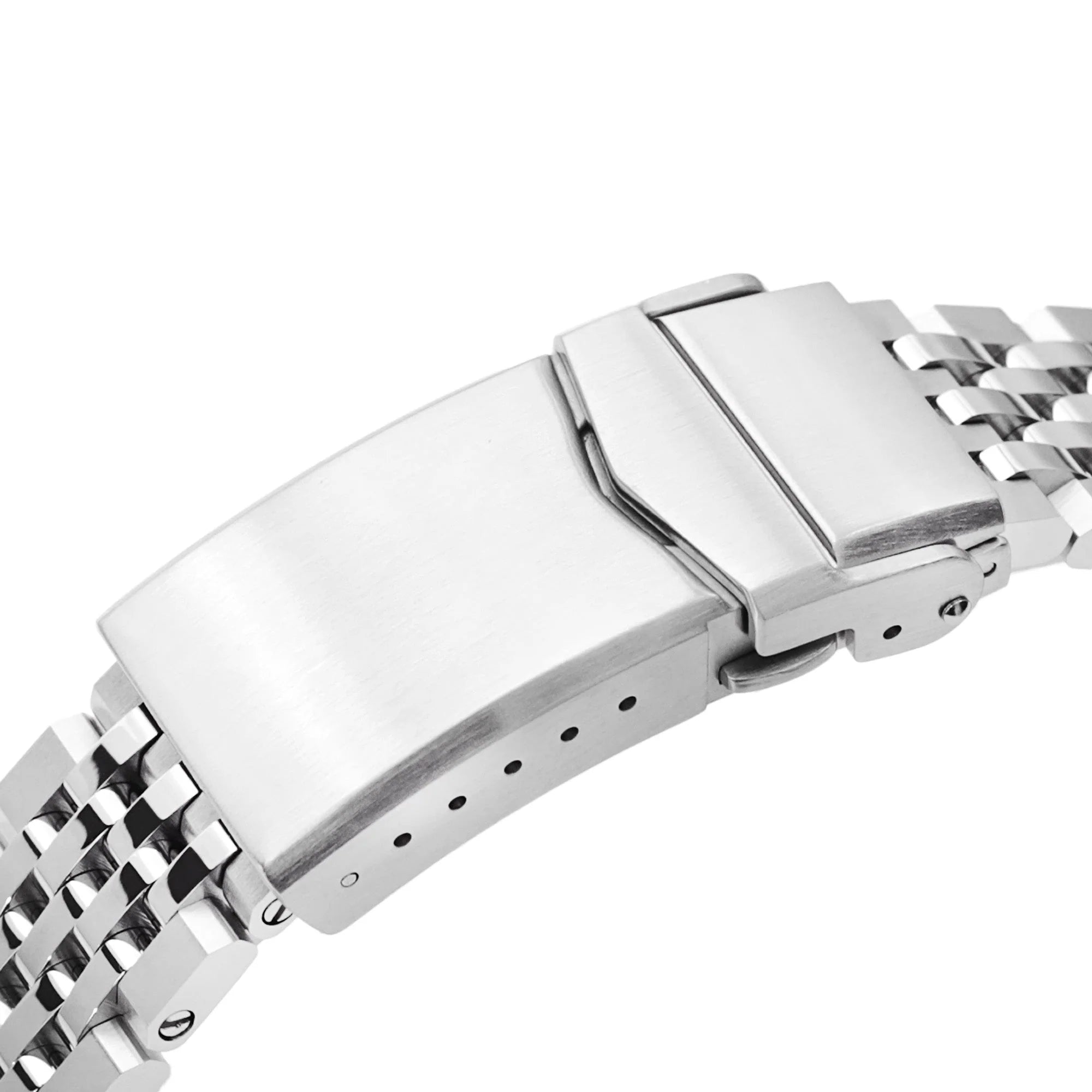 Polished stainless steel dive watch bracelet with solid end links and adjustable deployment clasp for Seiko Alpinist and Hamilton Khaki Field watches