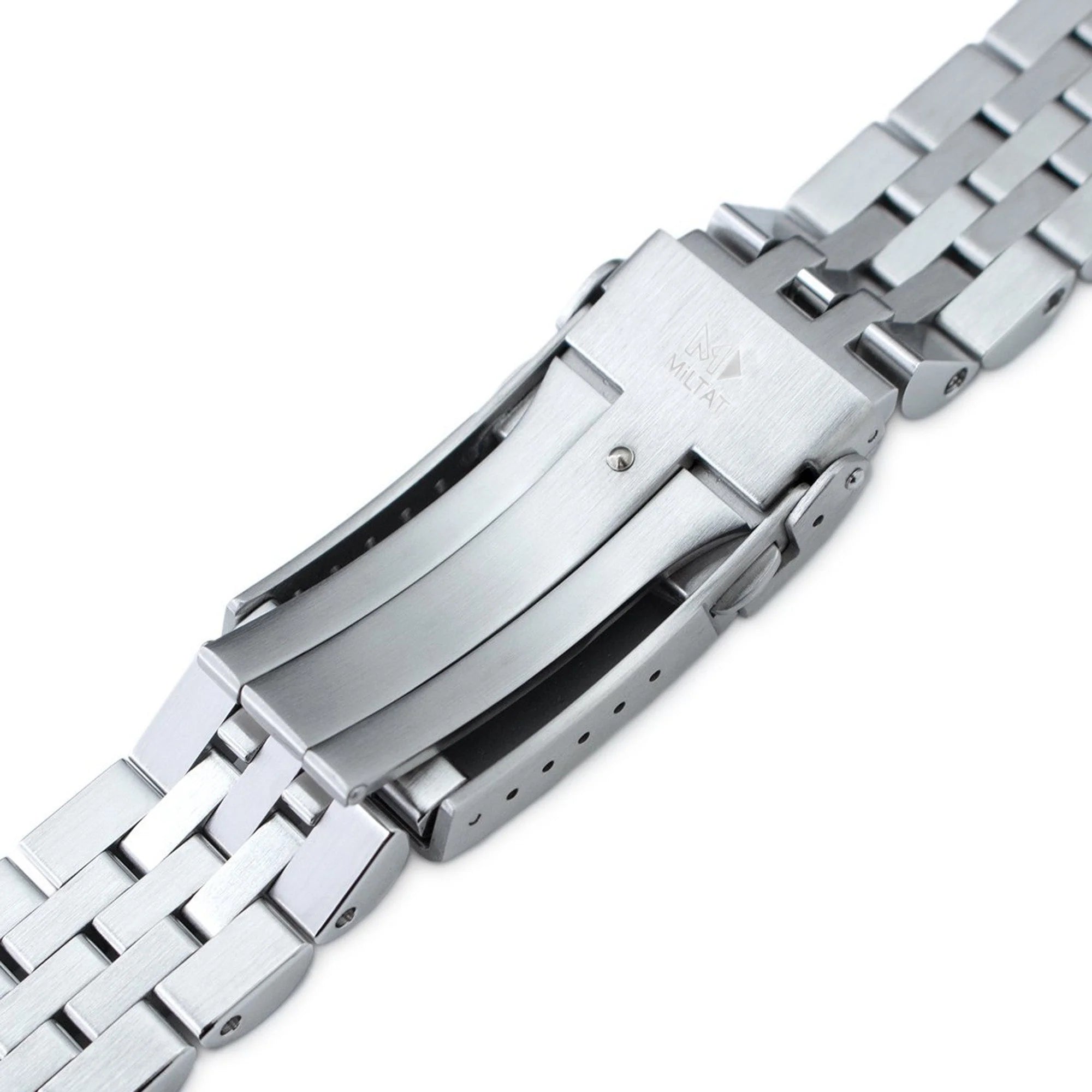 Stainless steel watch bracelet with polished V-clasp buckle and adjustable links for secure fastening
