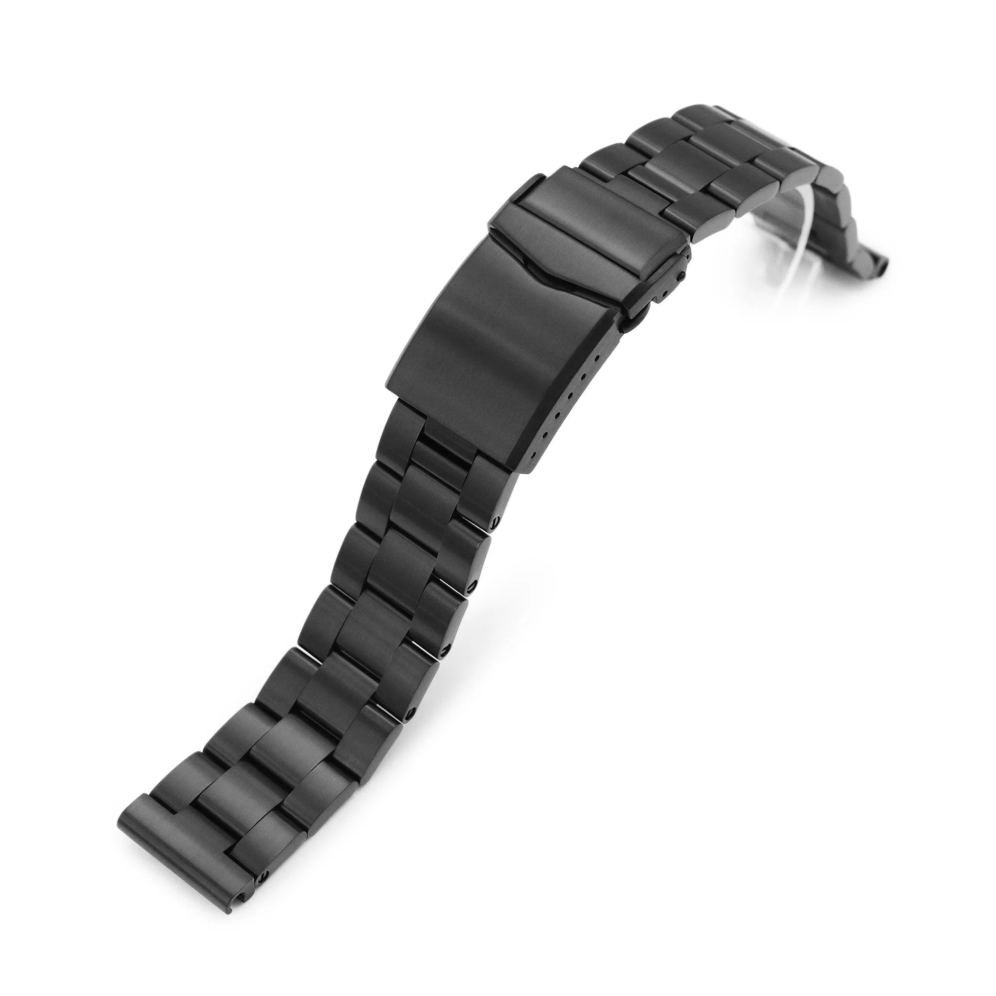 Black stainless steel watch bracelet with V-clasp and DLC coating, solid link design