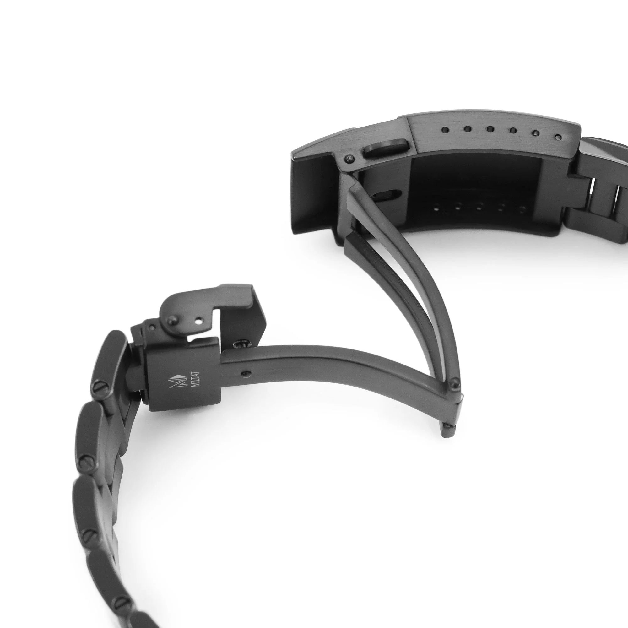 Black stainless steel watch bracelet with Super-O end links and V-clasp buckle, DLC-coated finish shown against white background