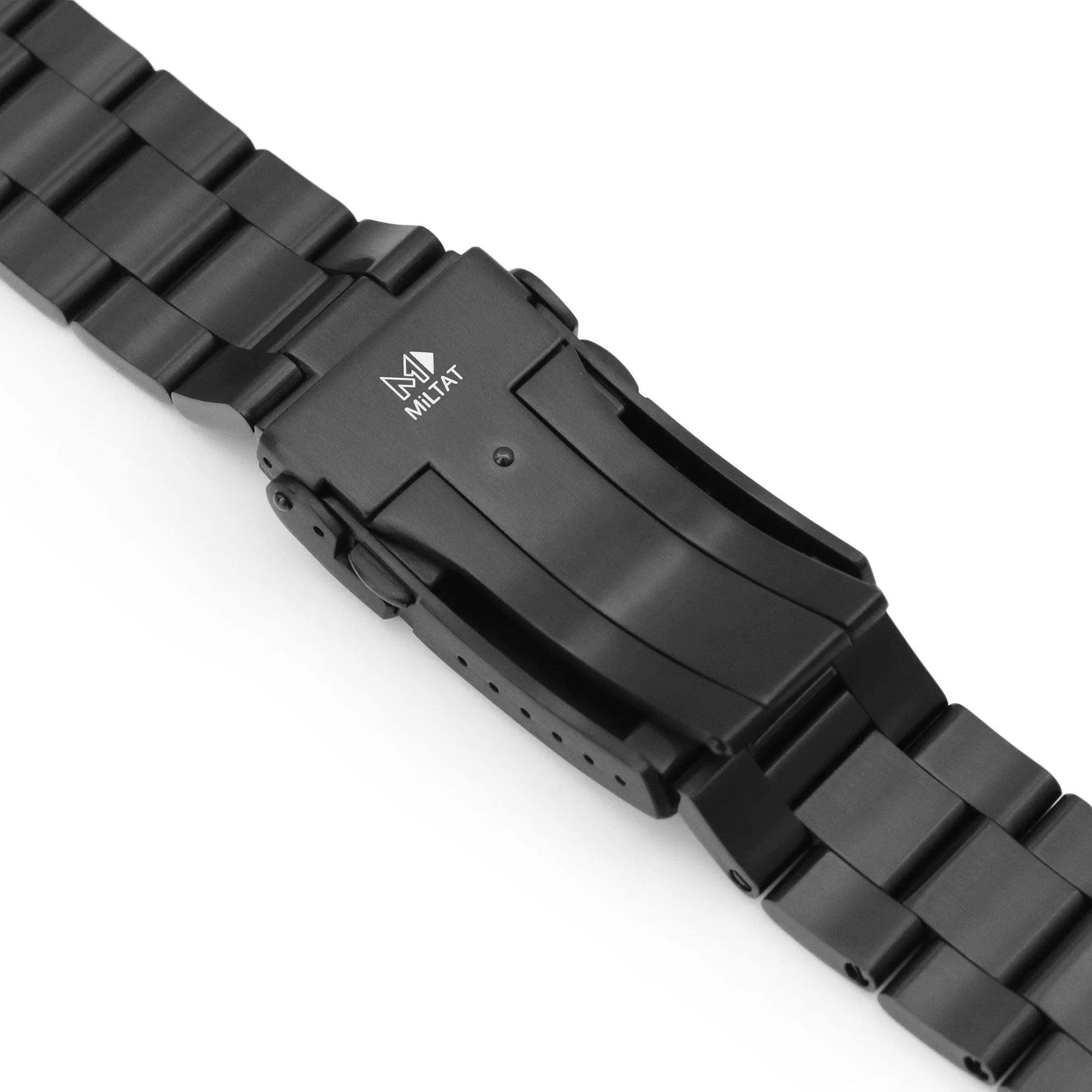 Black stainless steel watch bracelet with V-clasp and DLC coating, featuring solid links and secure fastening mechanism