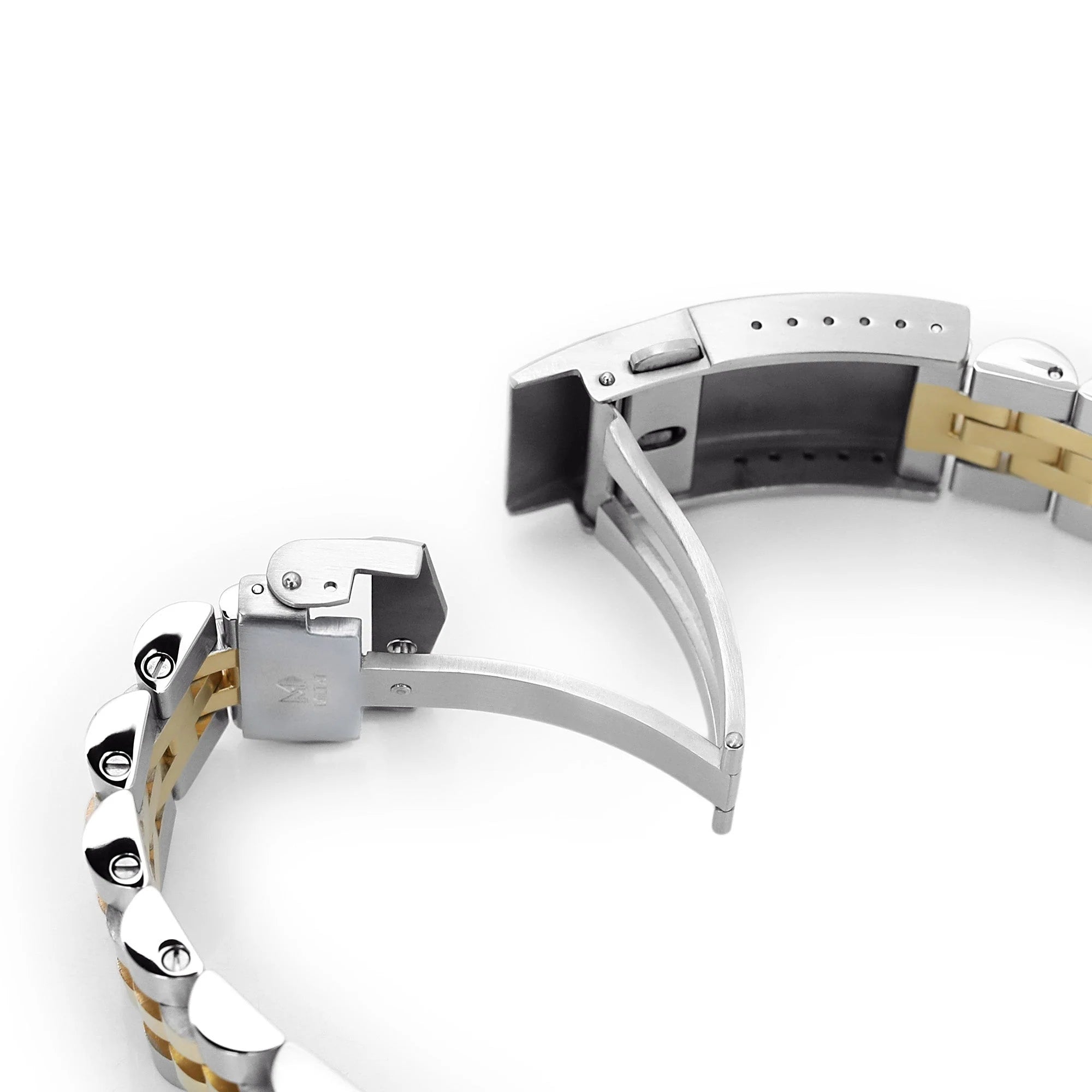 Two-tone stainless steel and gold metal bracelet with polished links and secure deployment clasp for Seiko SARB035 watch