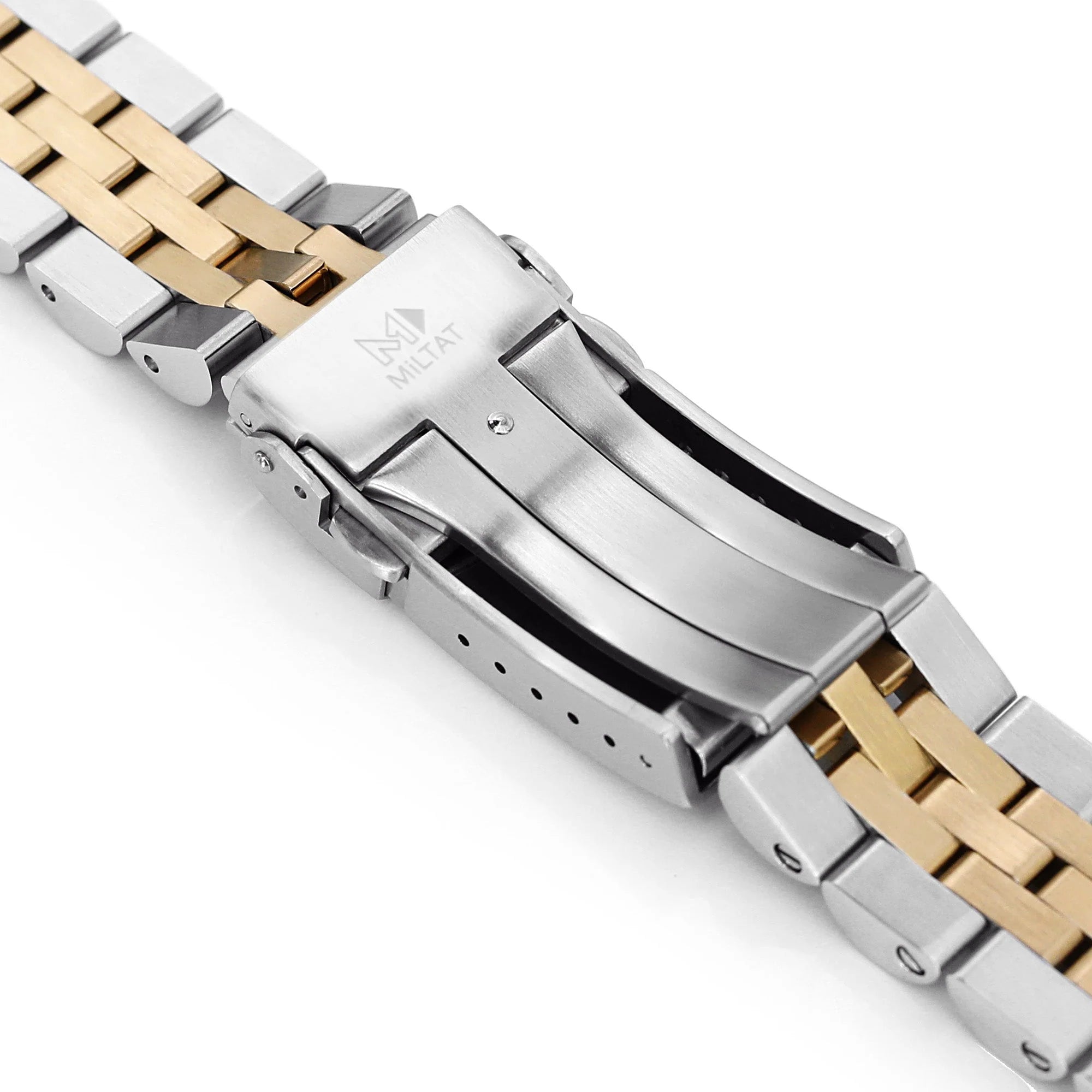 Two-tone silver and gold stainless steel watch bracelet with deployment clasp for Seiko SARB035