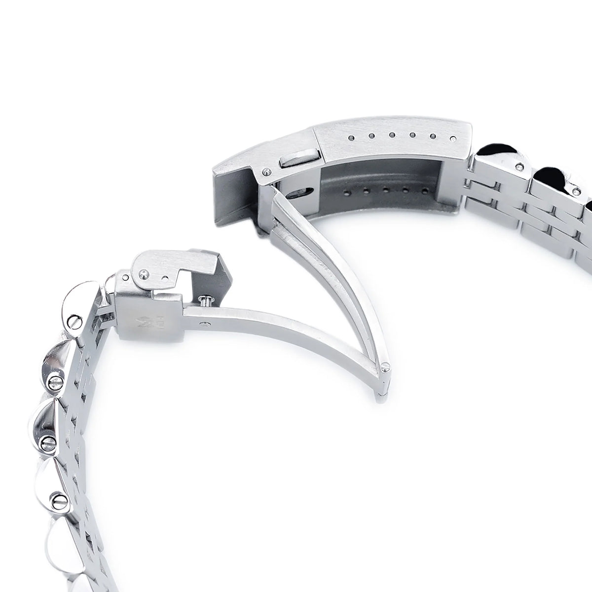Strapcode Angus-J Louis 22mm steel bracelet with V-clasp, polished finish and adjustable links shown front and back view