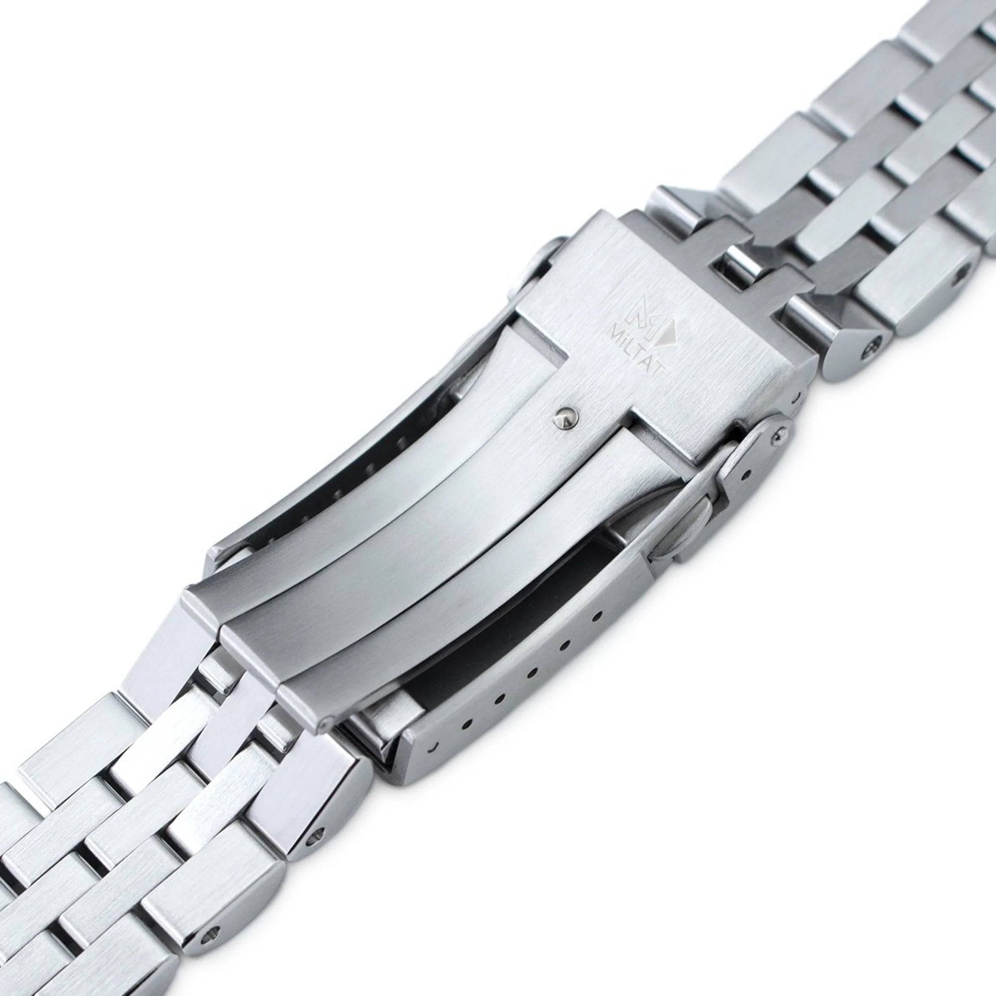 Stainless steel watch bracelet with solid link construction and deployant clasp for Orient Triton timepieces
