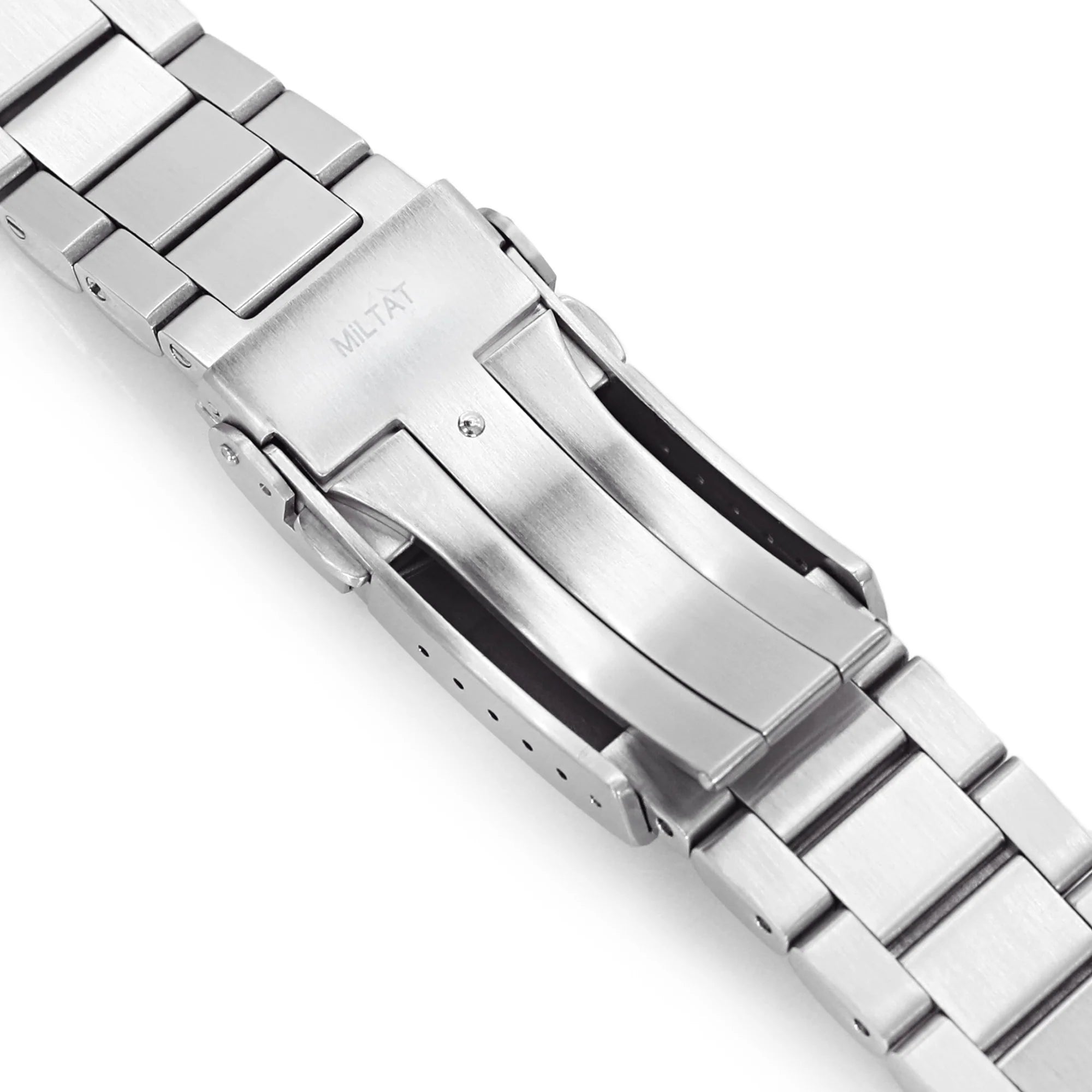 Stainless steel Bandoleer bracelet for Seiko SKX007 with solid link design and deployment clasp closeup view