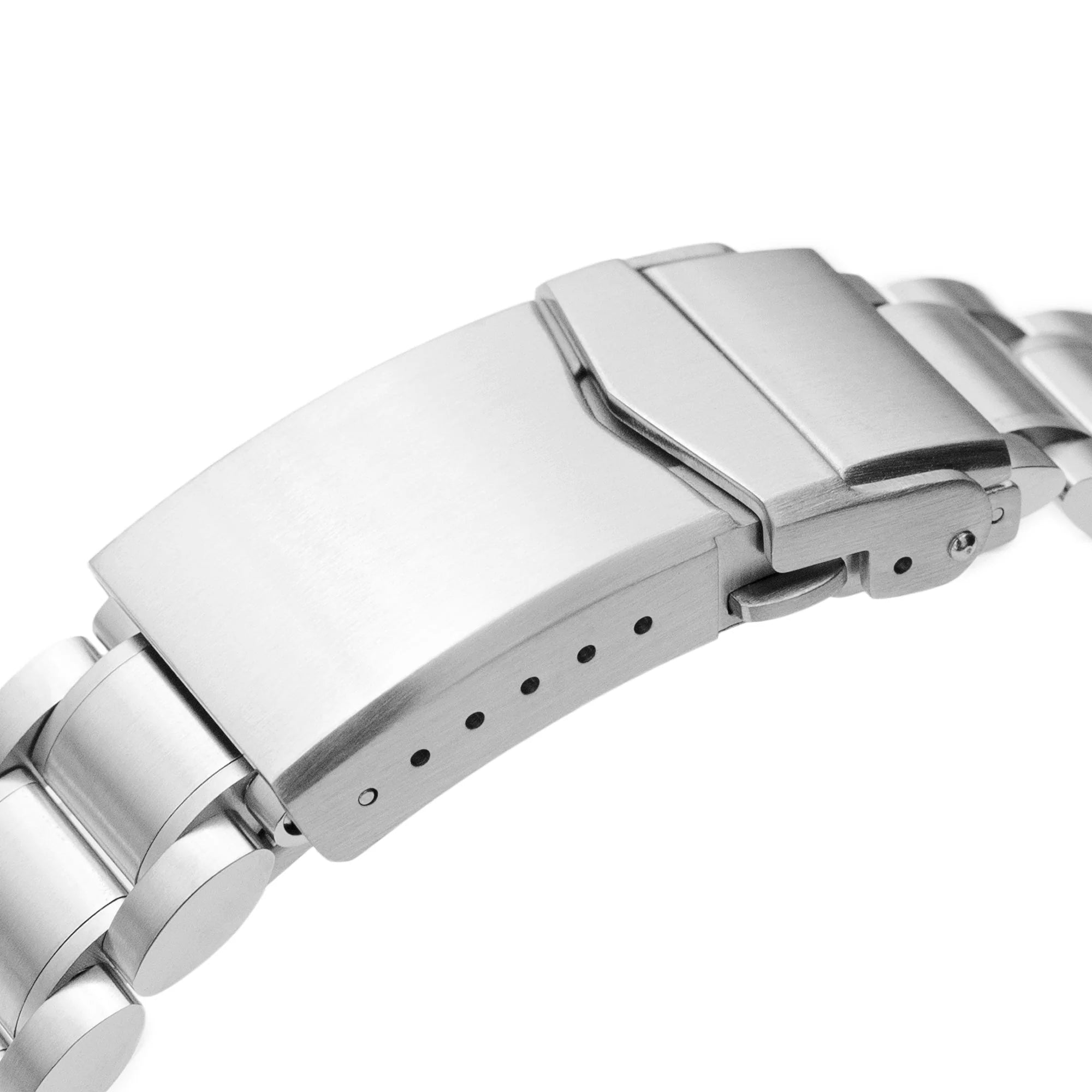 Stainless steel watch bracelet with V-clasp buckle and adjustable holes on white rubber strap