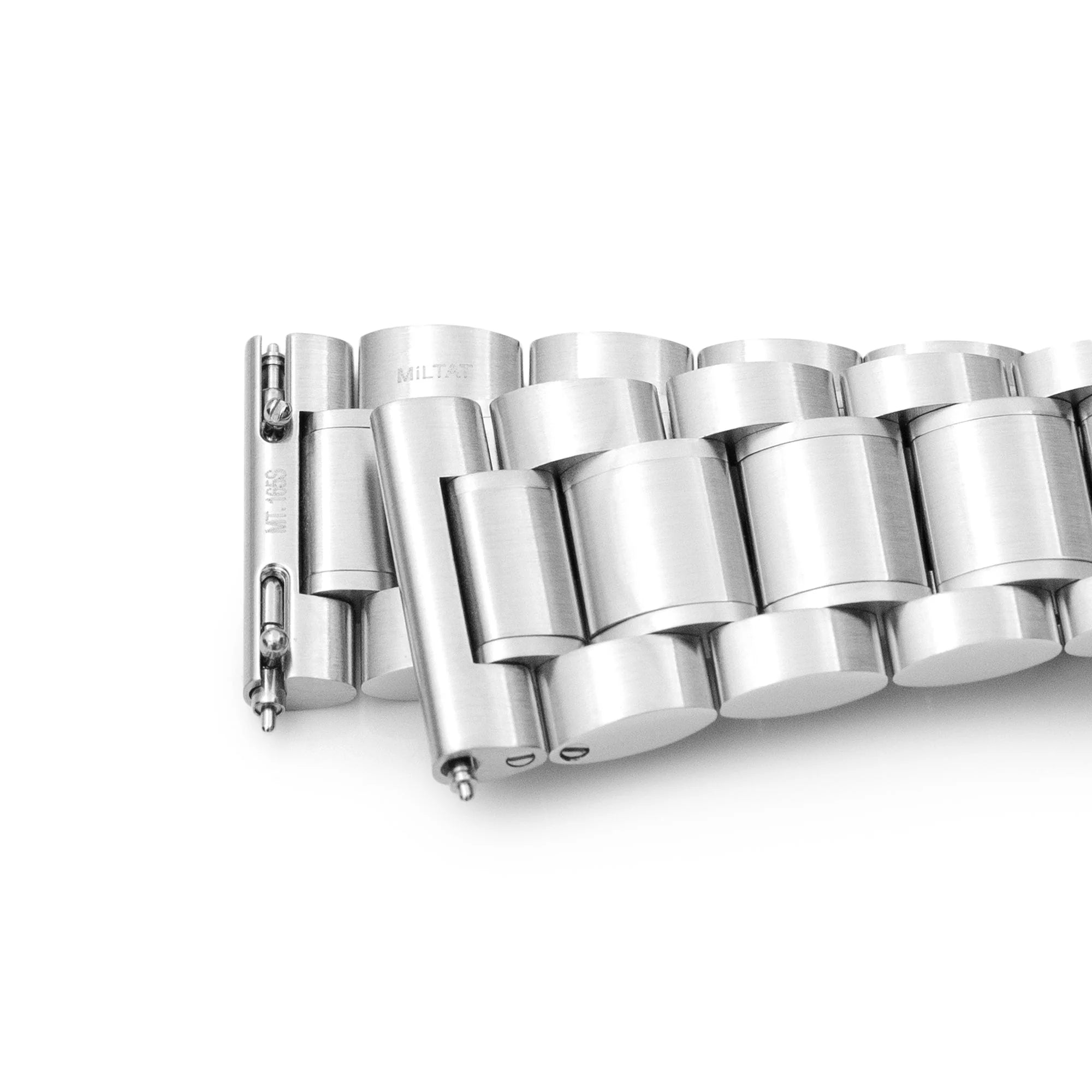 Stainless steel watch bracelet with polished cylindrical links and secure V-clasp closure, professional timepiece band