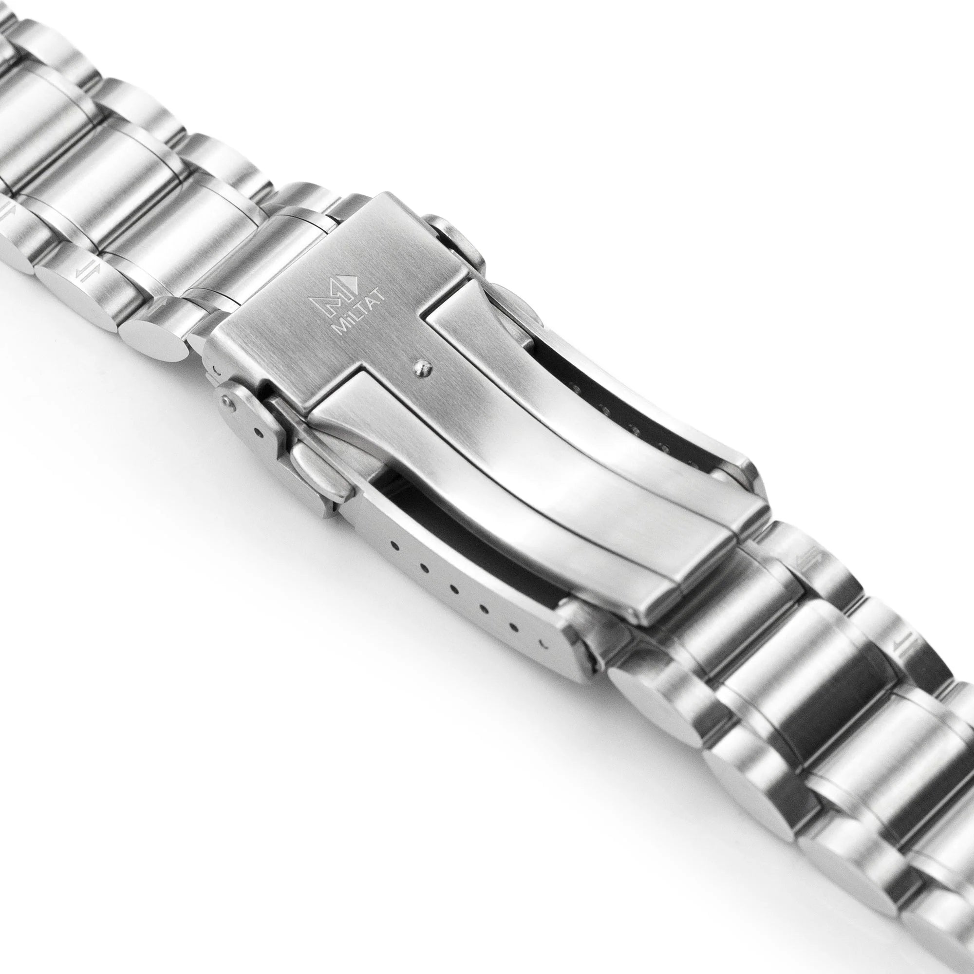Stainless steel watch bracelet with polished links and V-clasp deployment buckle closure