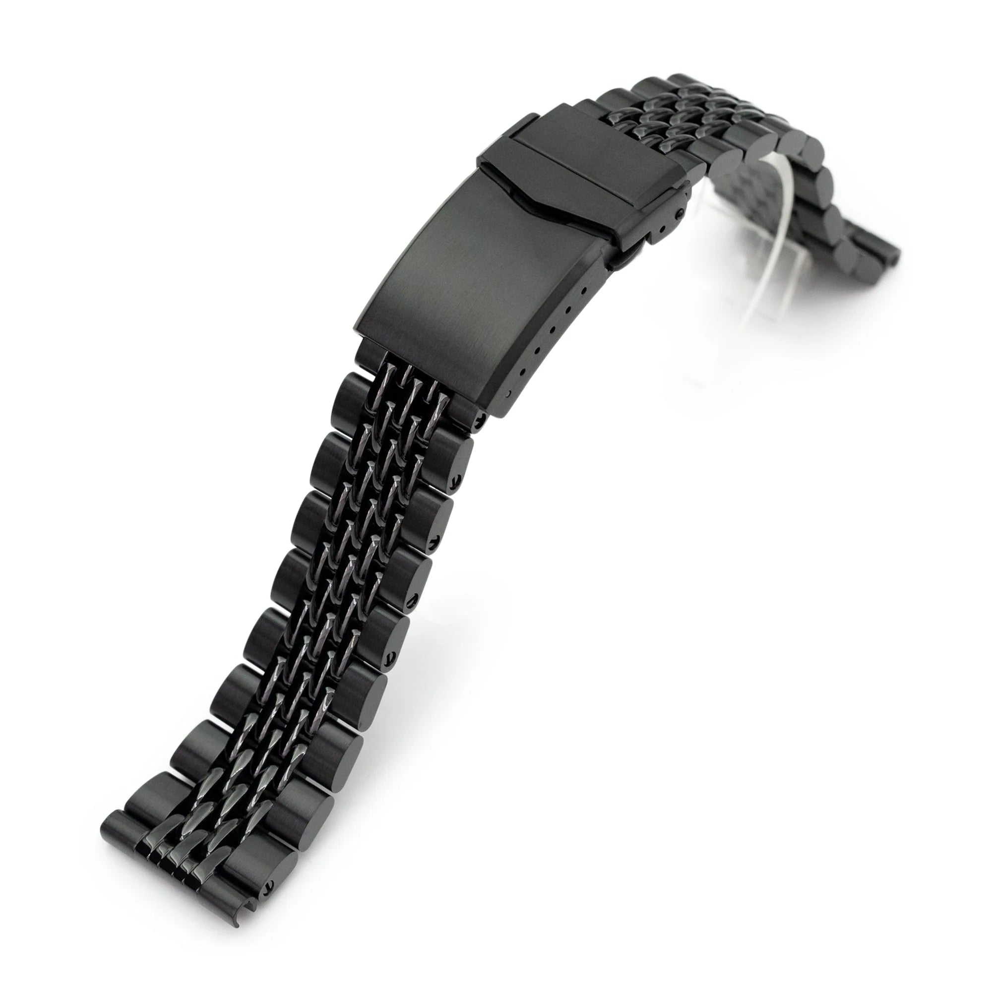 Black stainless steel watch bracelet with DLC coating, V-clasp buckle, and solid link construction for dive watches