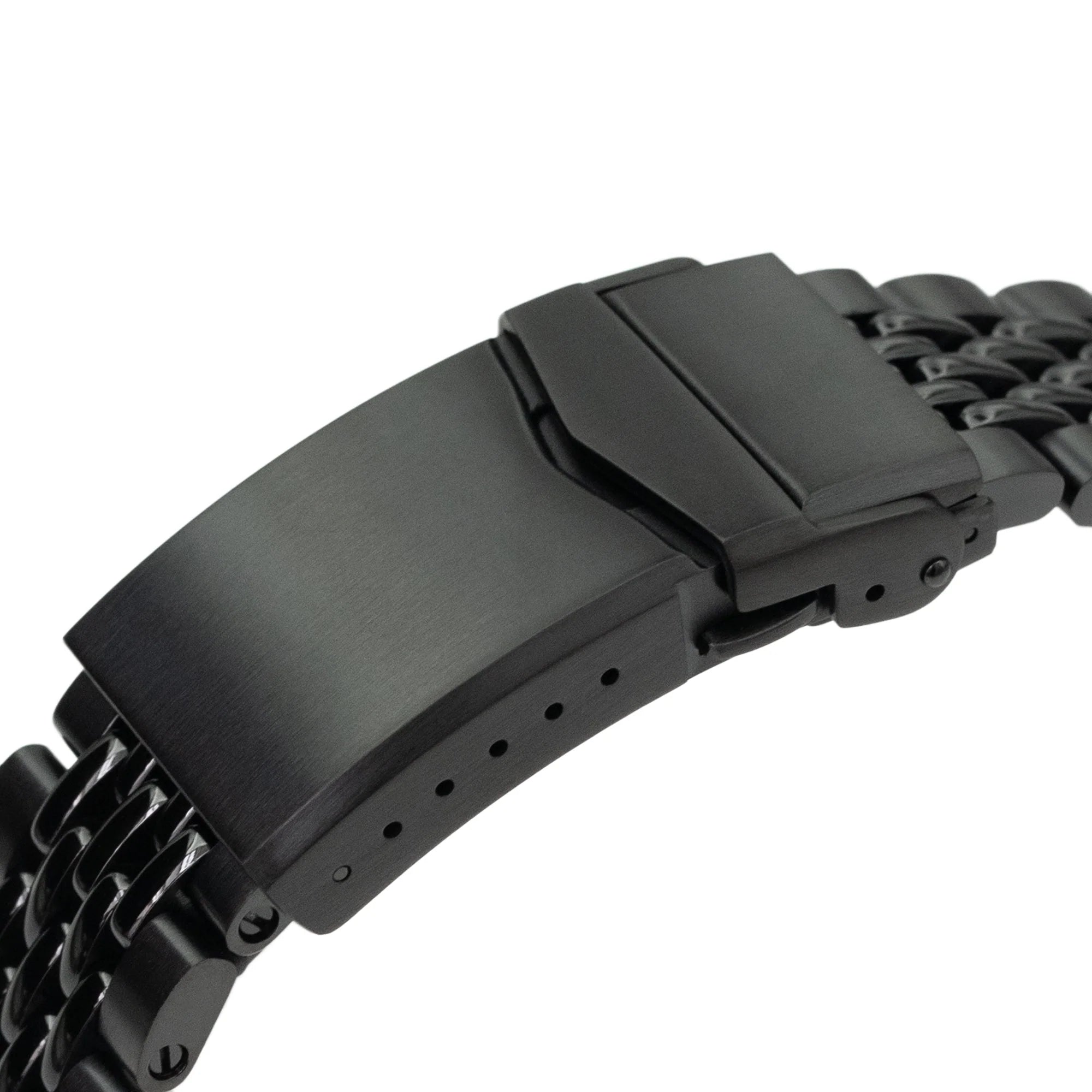 Black steel bracelet with V-clasp and DLC coating, adjustable fit for watches