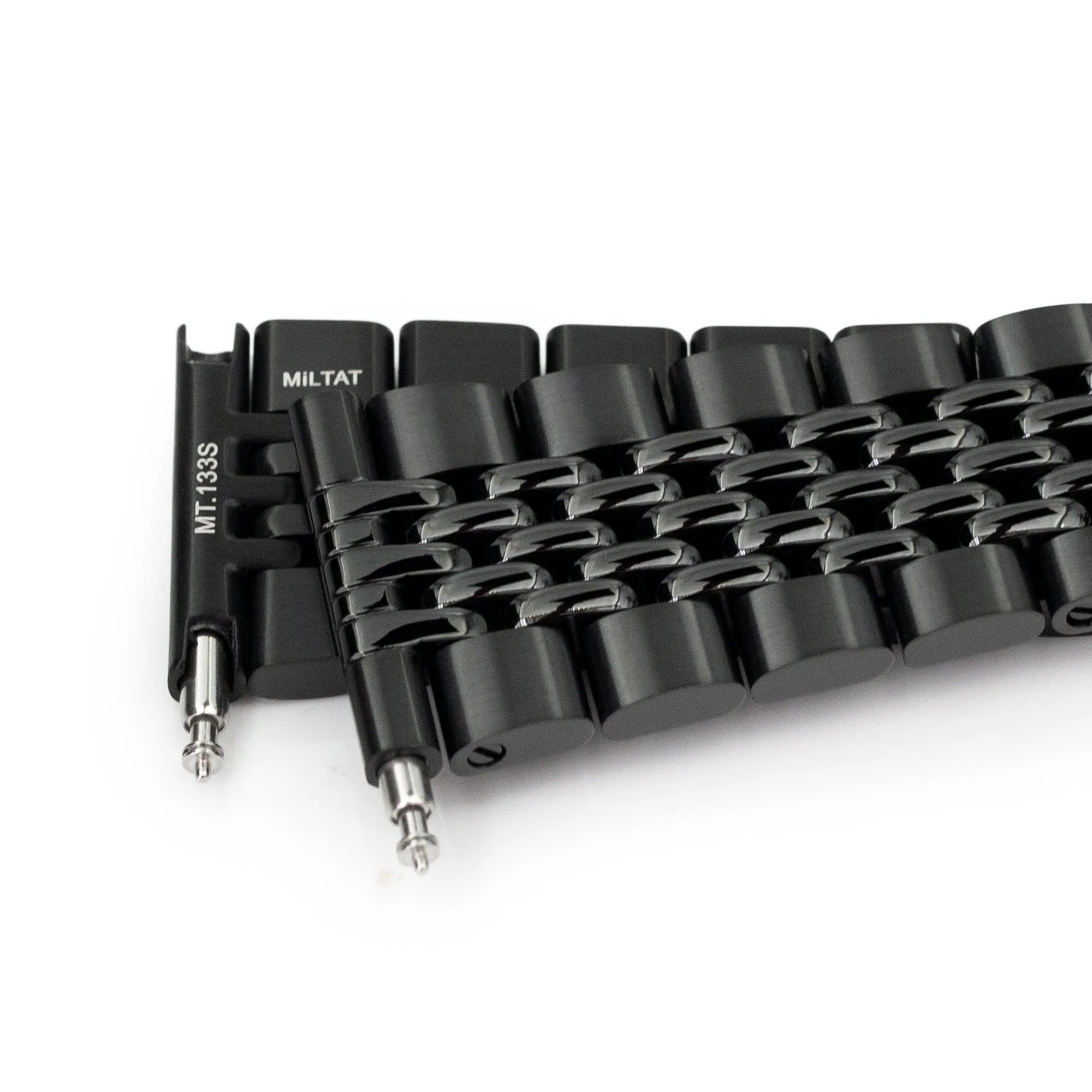 Black stainless steel watch bracelet with solid end links and V-clasp, DLC coated, featuring polished center links and brushed outer links