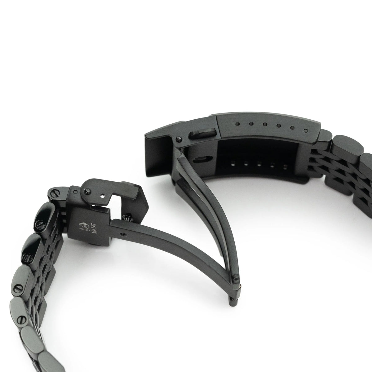 Black stainless steel watch bracelet with V-clasp and DLC coating, shown extended on white background
