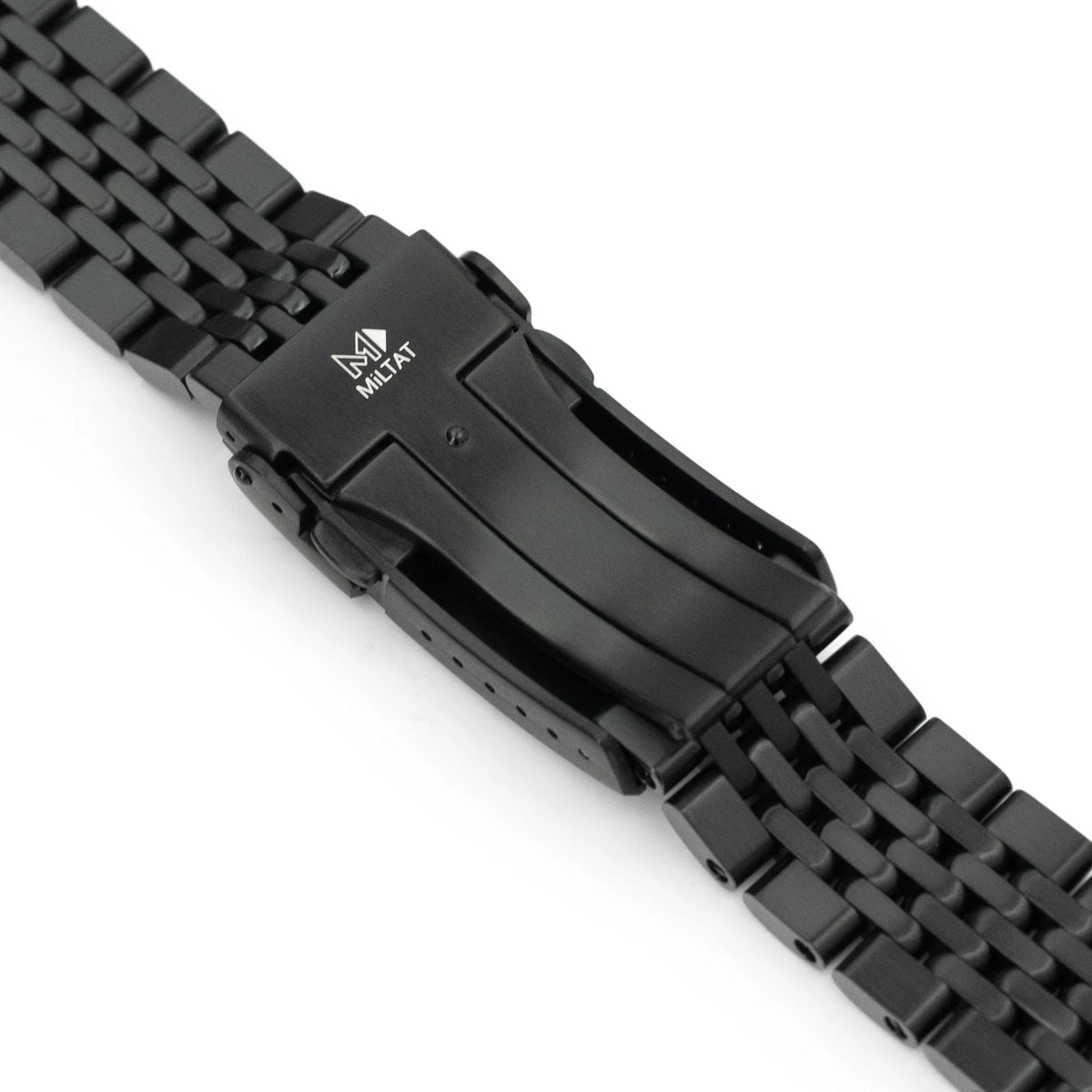 Black stainless steel watch bracelet with V-clasp and DLC coating by Strapcode