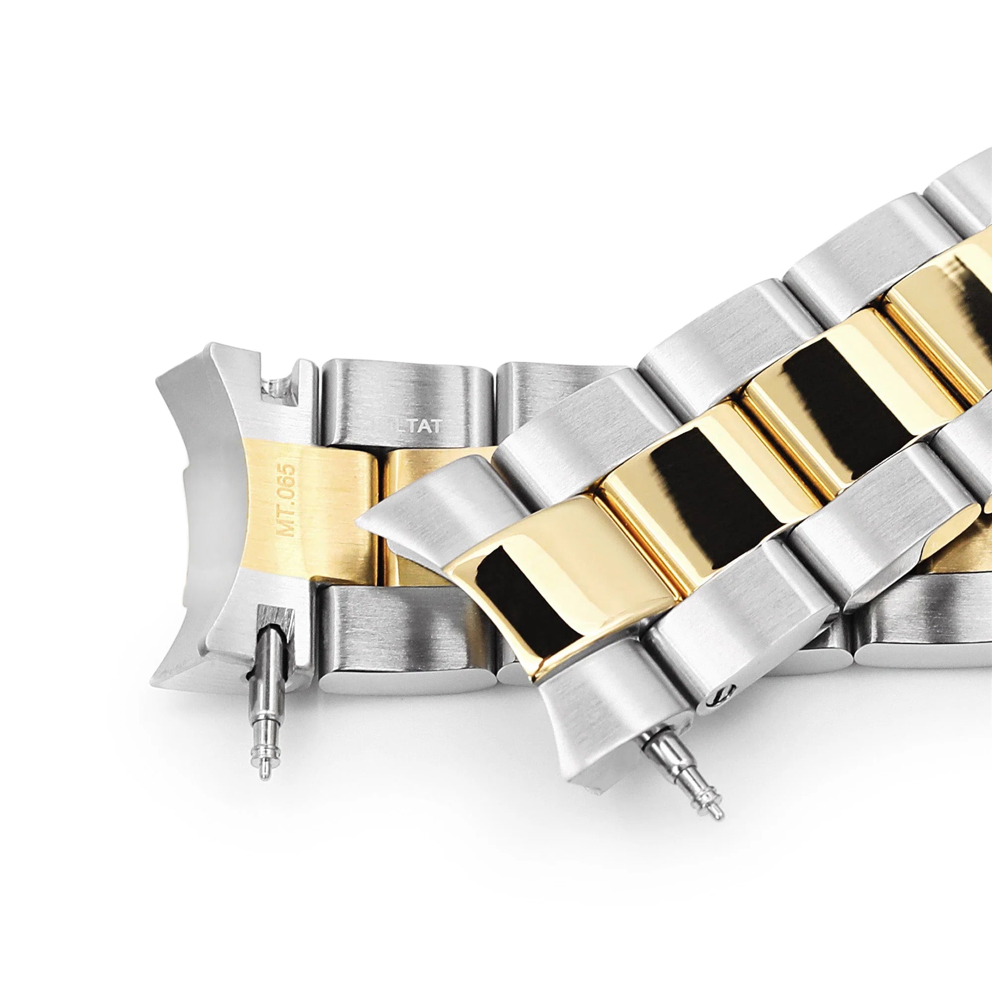 Two-tone silver and gold stainless steel watch bracelet with solid links and secure clasp for Seiko Alpinist and Hamilton Khaki Field watches
