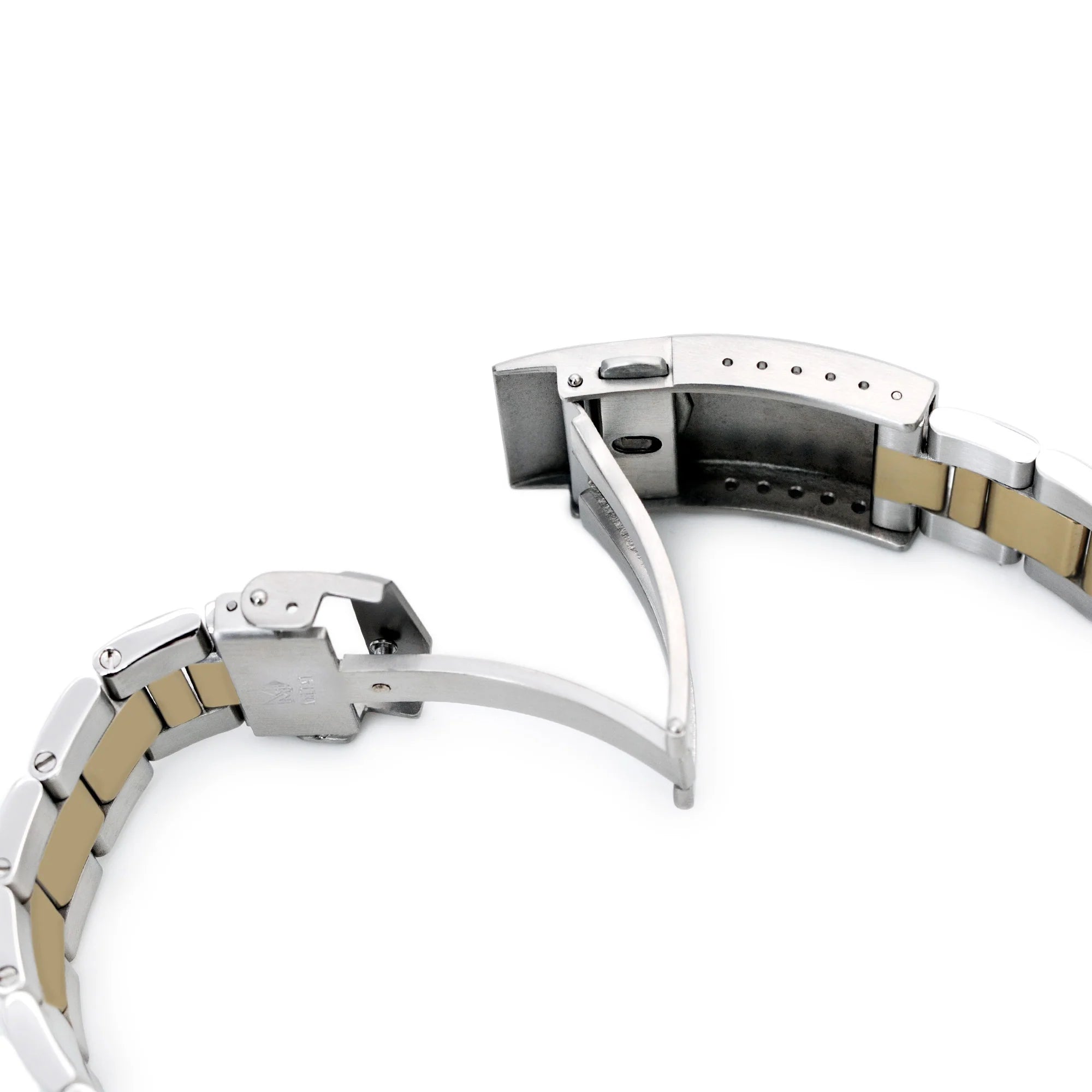 Two-tone silver and gold watch bracelets with secure Boyer clasp for Seiko Alpinist SARB017 and Hamilton Khaki Field 20mm watches