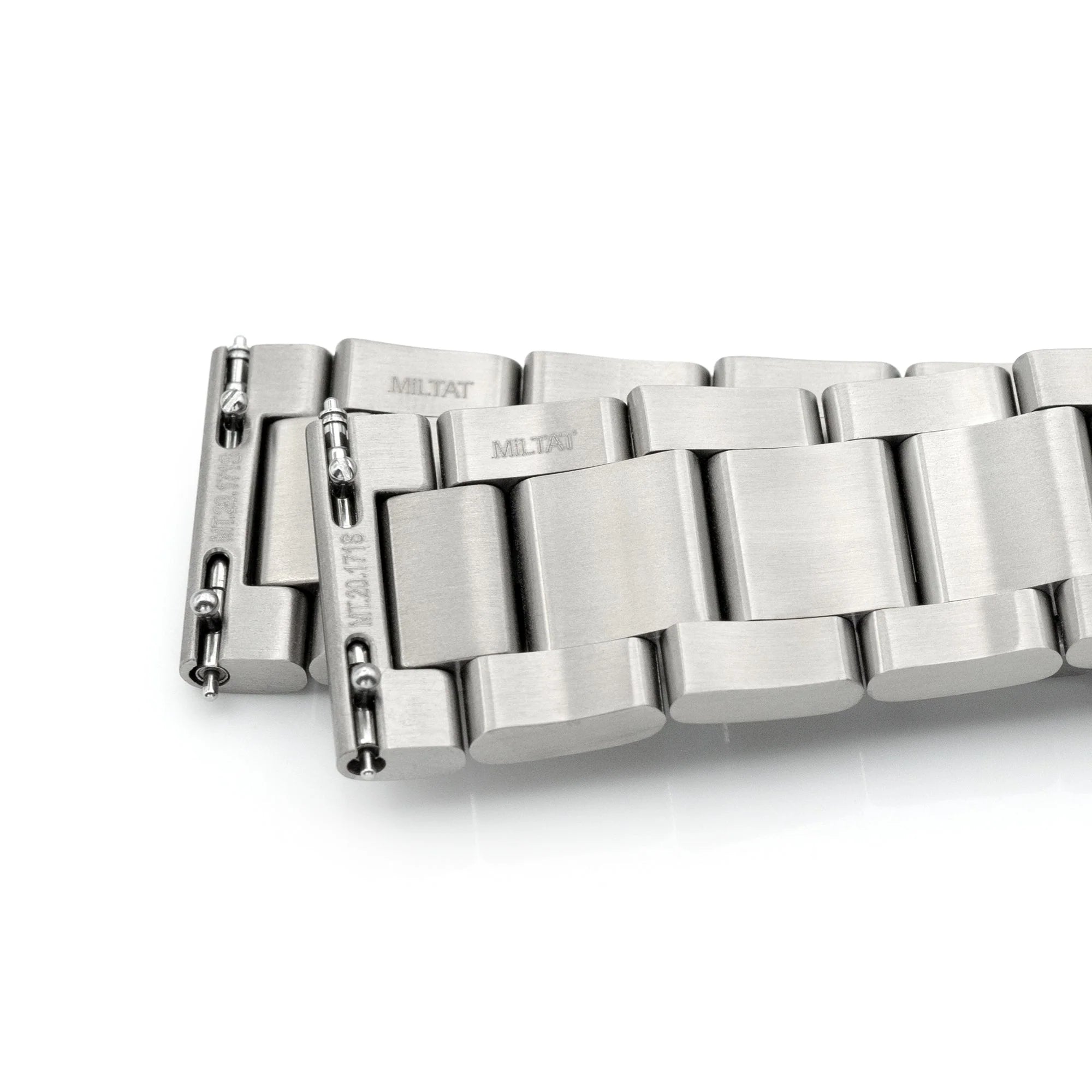 Stainless steel watch bracelet with solid links and quick-release pins, featuring brushed finish and branded clasp detail