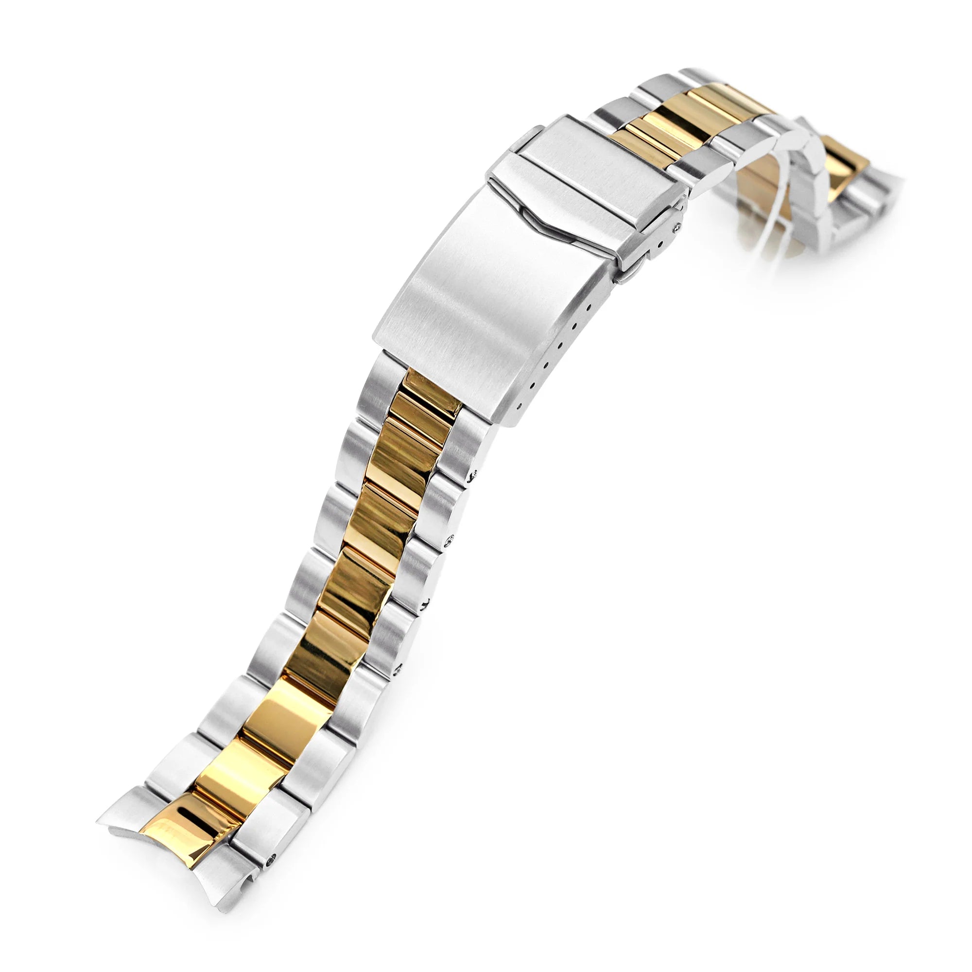 Two-tone silver and gold stainless steel watch bracelet with solid end links and deployant clasp for Seiko Alpinist and Hamilton Khaki Field
