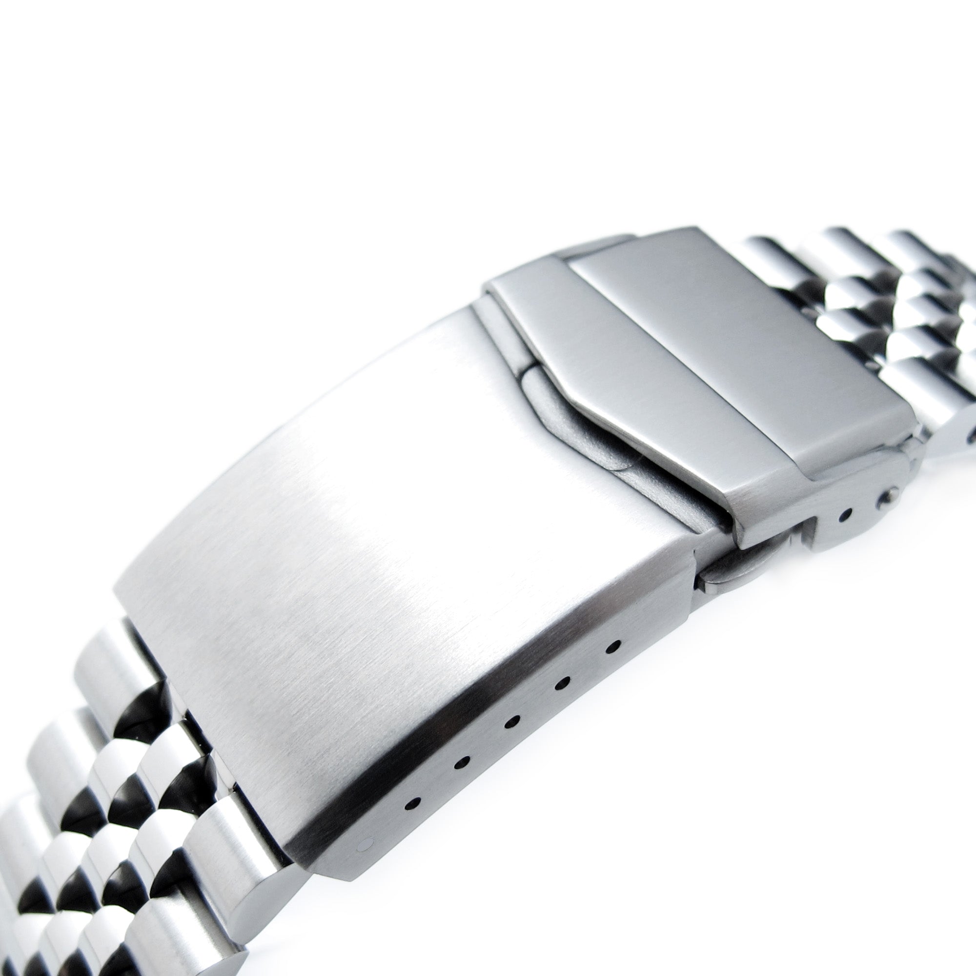 Stainless steel Super-J Louis jubilee bracelet with solid end links and flip-lock clasp for Seiko SKX007 dive watch