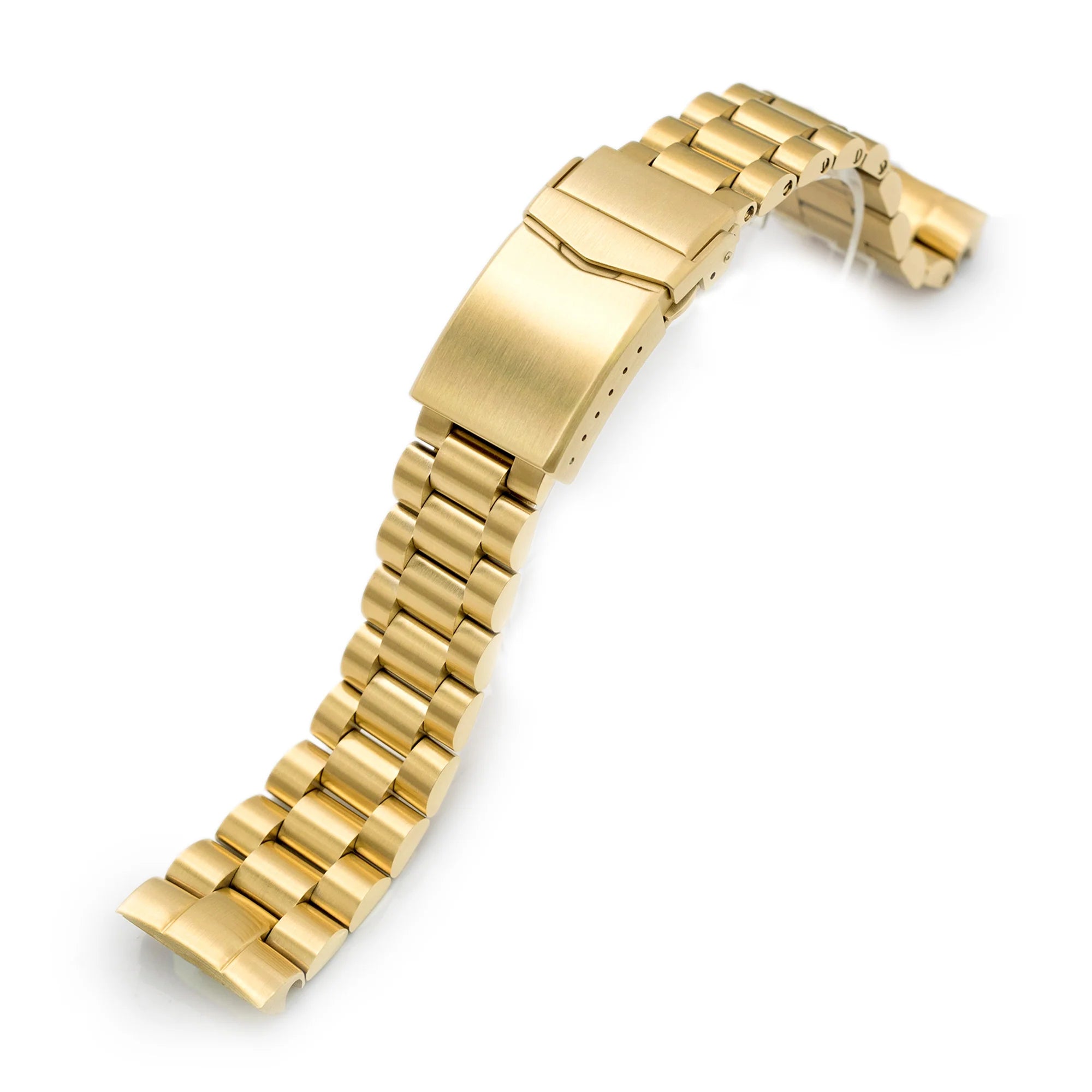 Gold stainless steel three-link bracelet with solid end links and deployment clasp for Seiko Turtle watch