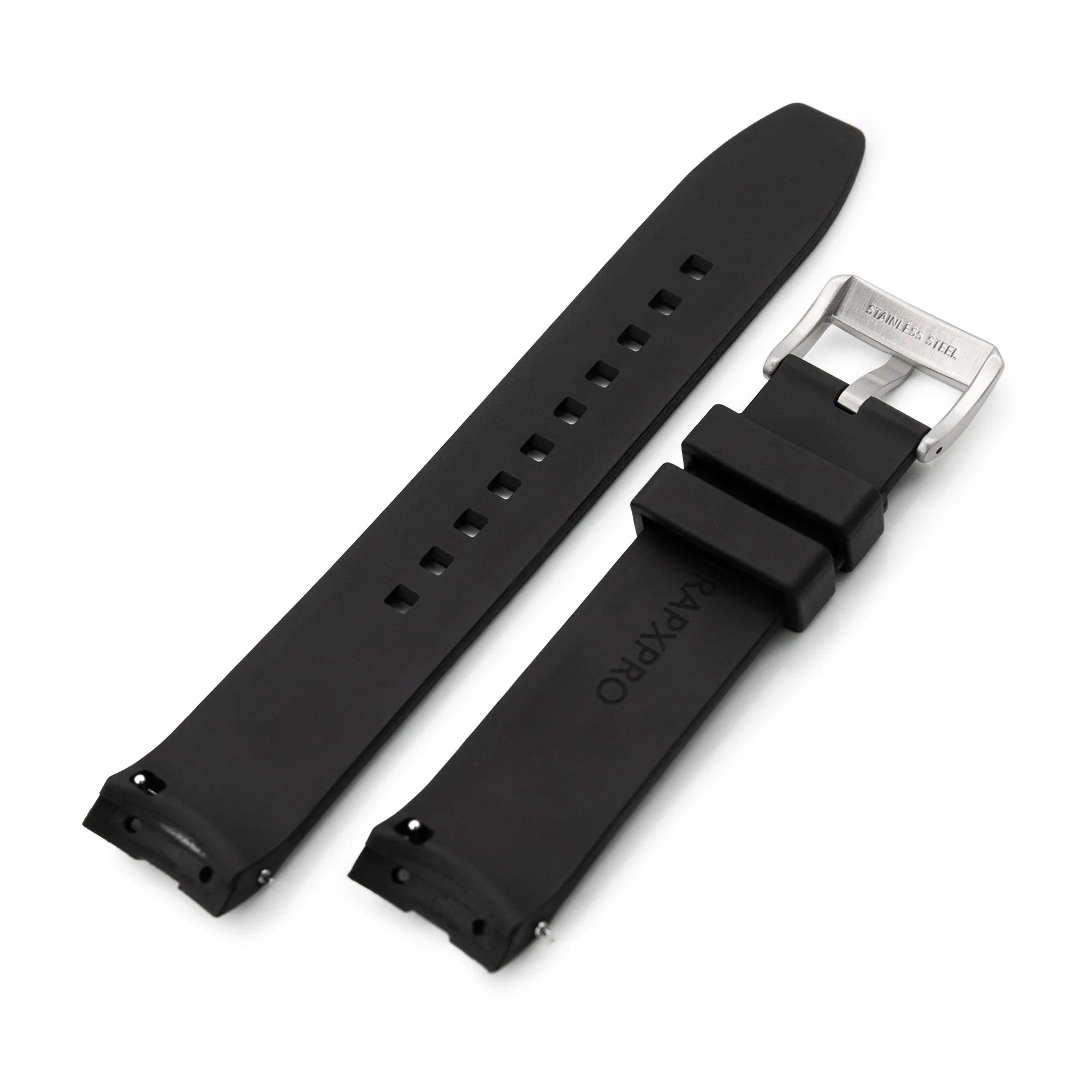 Black curved rubber watch strap with quick release mechanism and stainless steel buckle for Longines Hydroconquest and Conquest 41mm models