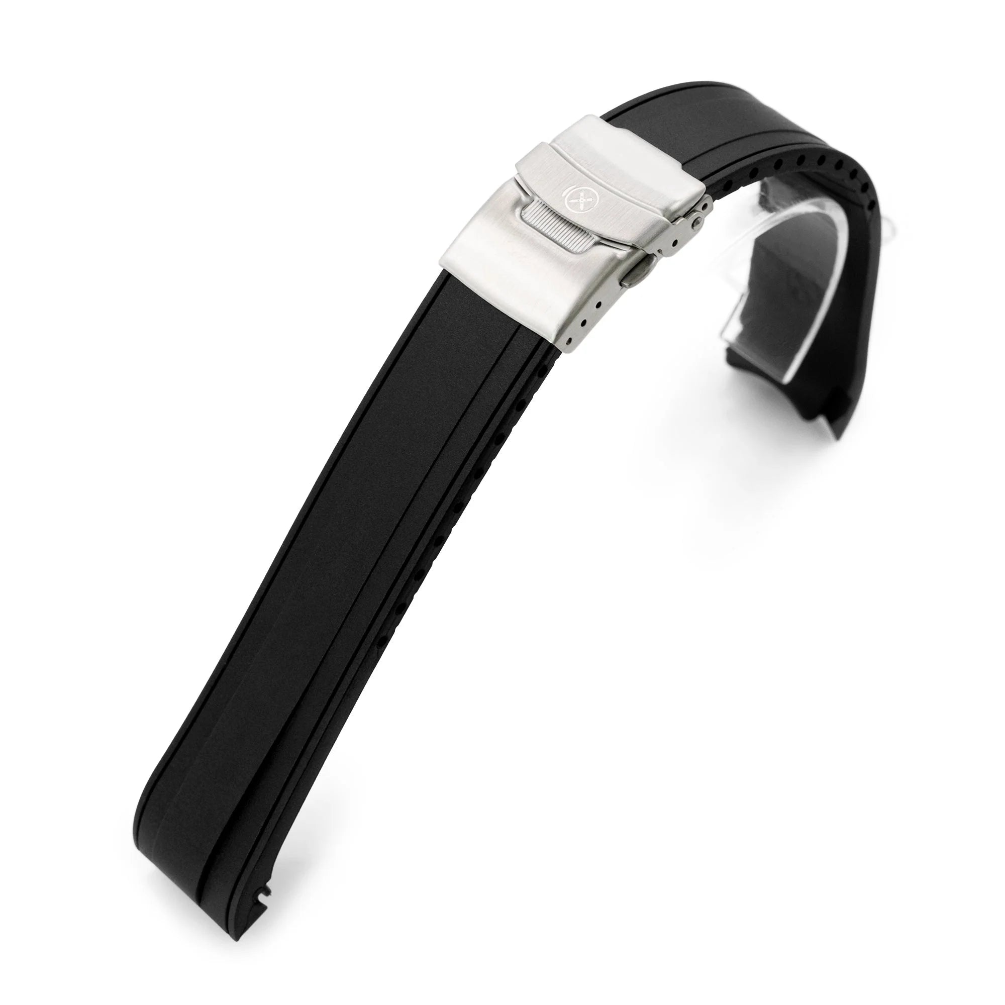 Black rubber watch strap with curved ends and polished silver deployment clasp for Seiko 5 Sports series
