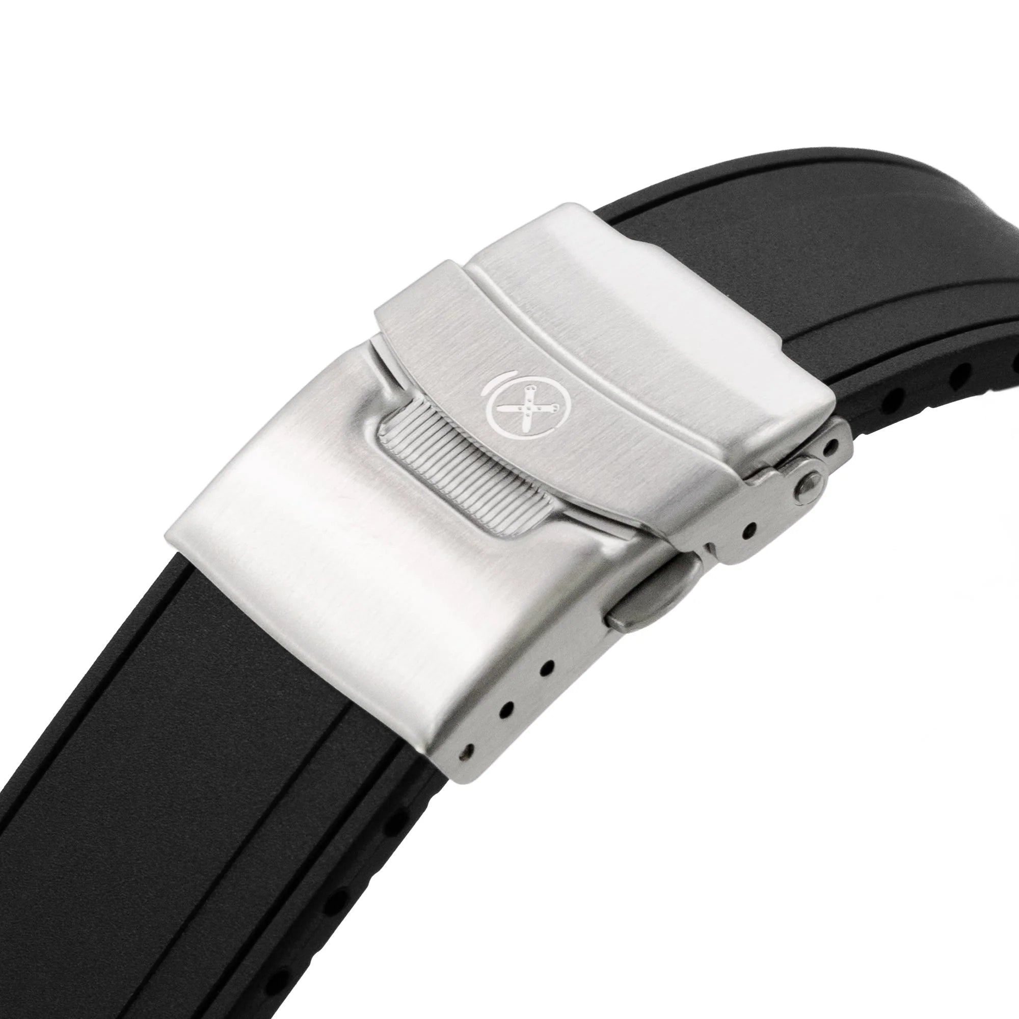 Black rubber curved-end watch strap with silver brushed steel deployment buckle and cross emblem logo