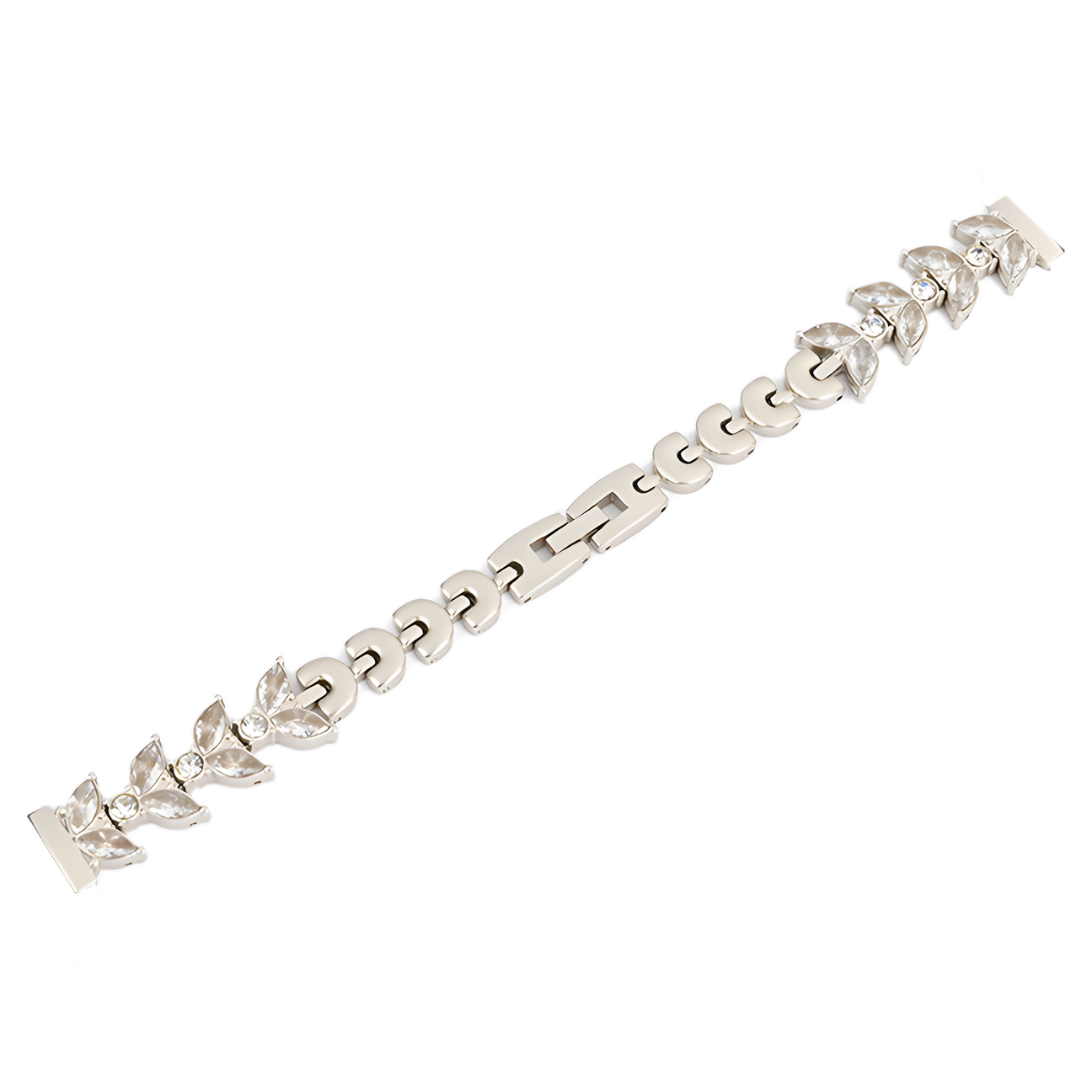 Silver-tone tennis bracelet with marquise cubic zirconia crystals and quick release clasp on white background