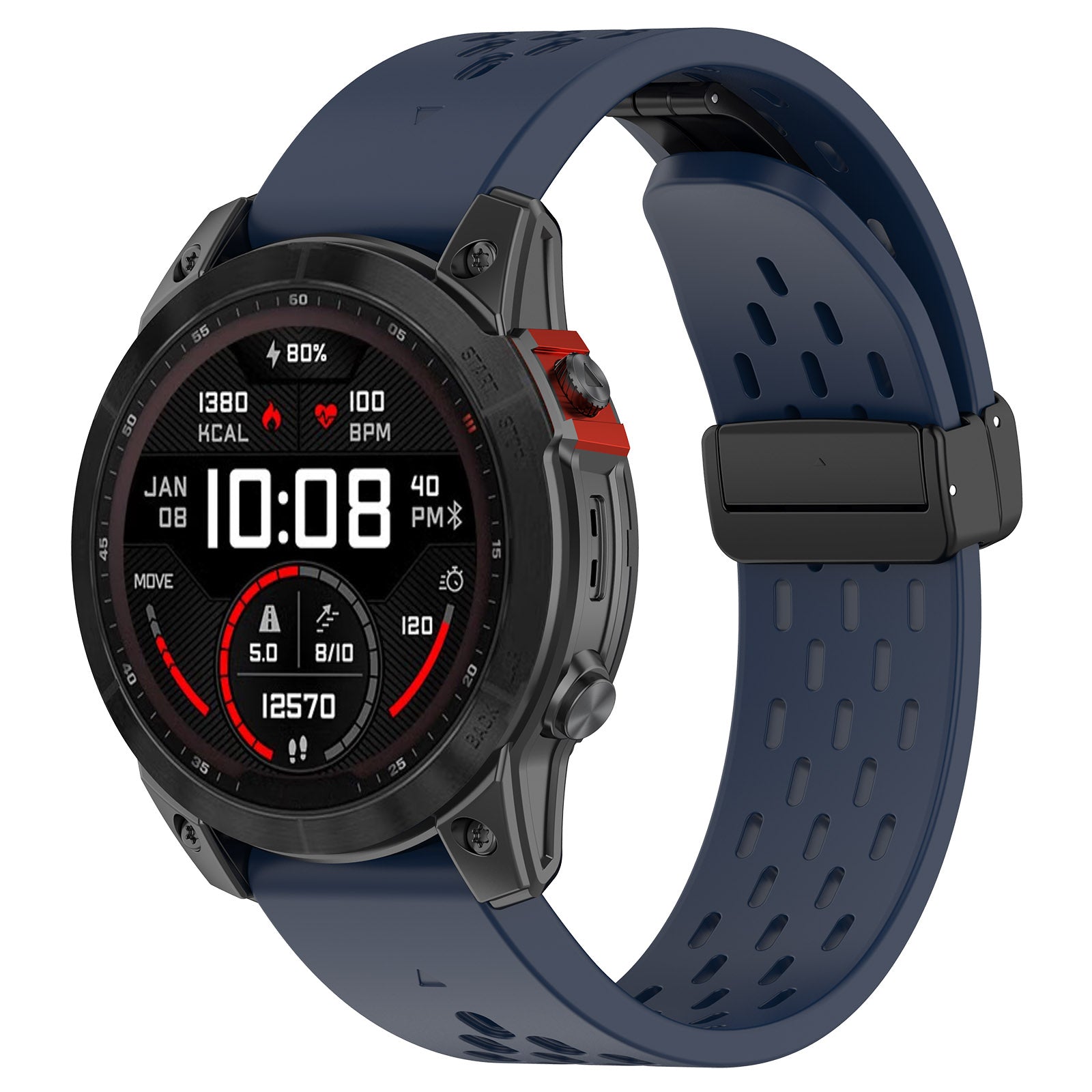 Smartwatch with navy blue perforated silicone band, magnetic clasp, displaying fitness metrics including heart rate, calories, and steps