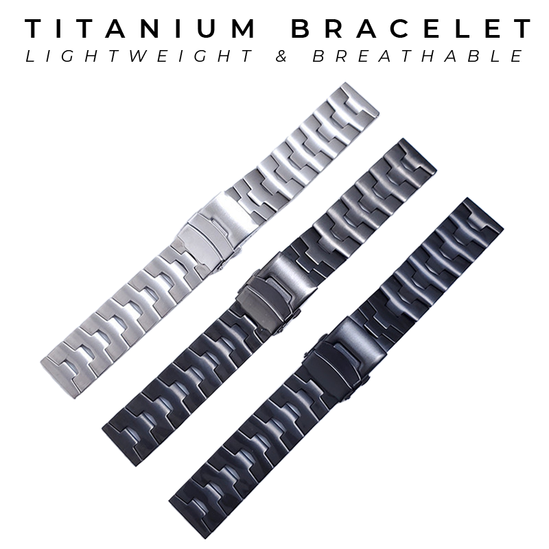 Lightweight titanium watch bands in silver and black finishes for Galaxy Watch 8 and Ultra models, featuring breathable segmented links design
