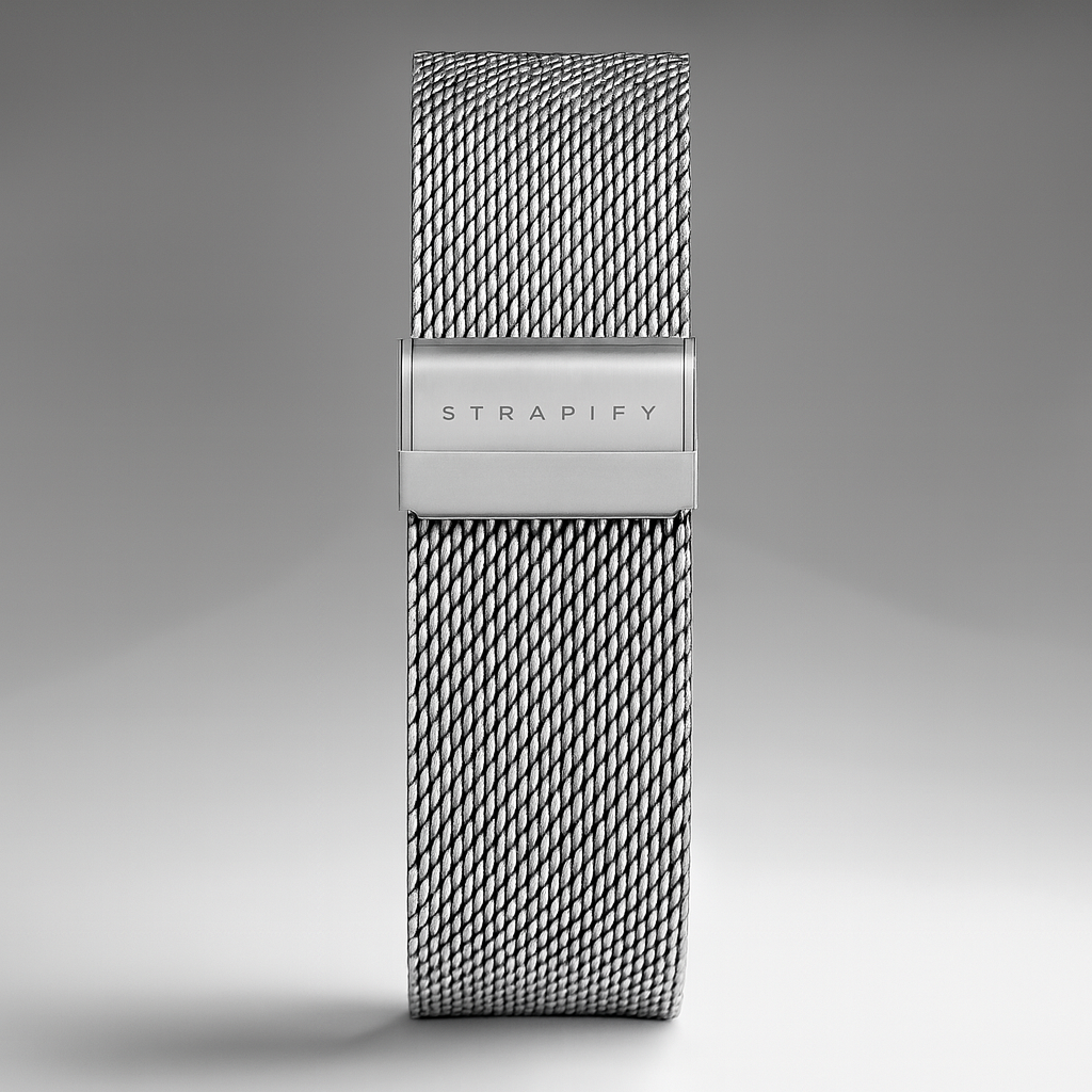 Strapify titanium featherlight Milanese mesh watch band with silver clasp and minimalist design