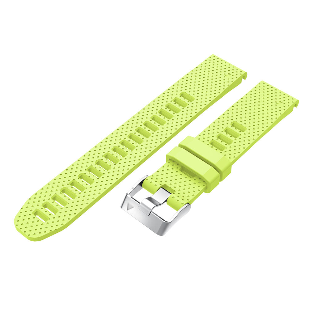 Neon yellow perforated silicone watch band with silver buckle hardware, QuickFit 20mm connector